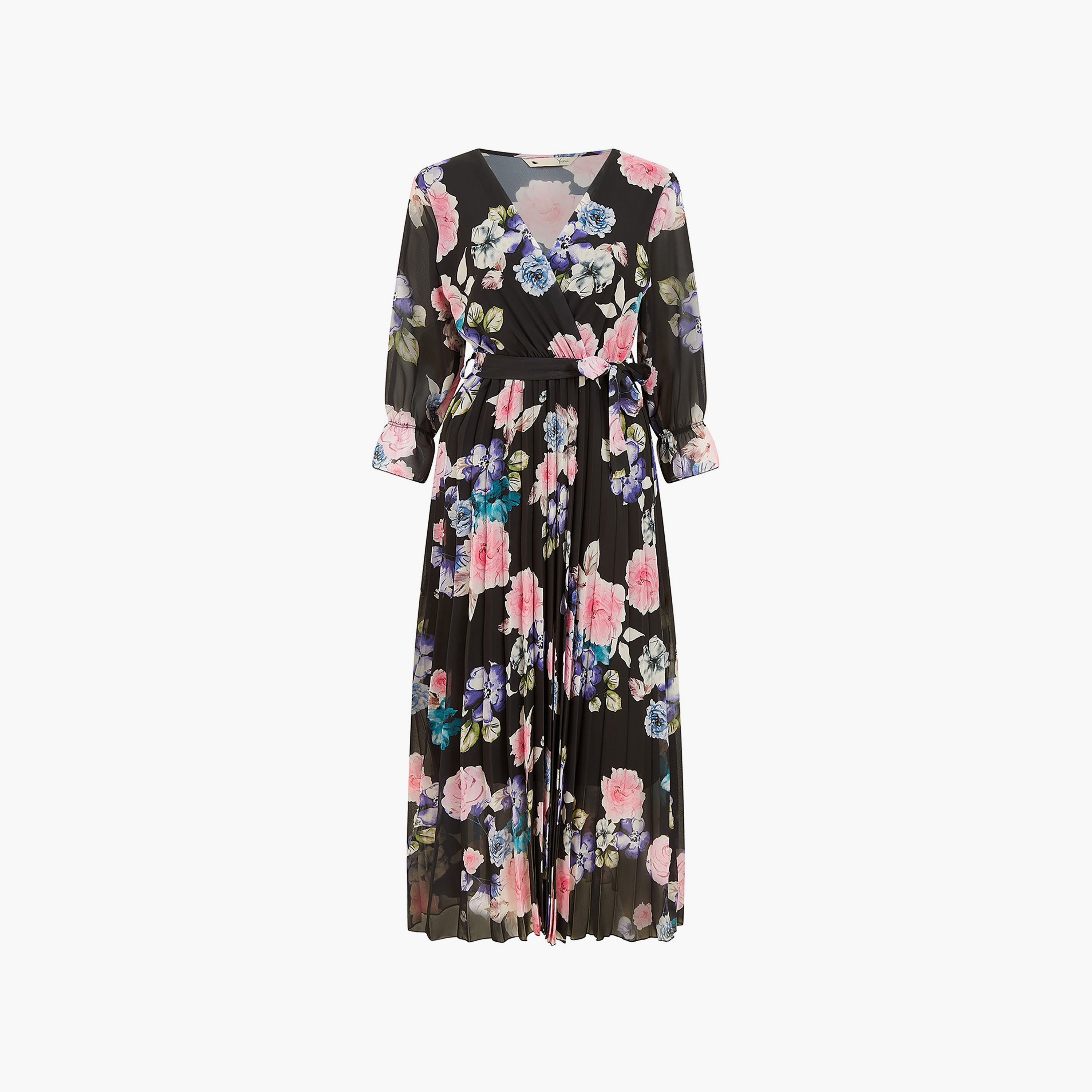 فستان متوسط الطول أسود اللون مزين بثنيات منقوش بالورود للنساء من يامي-women-clothing-dresses-image-5