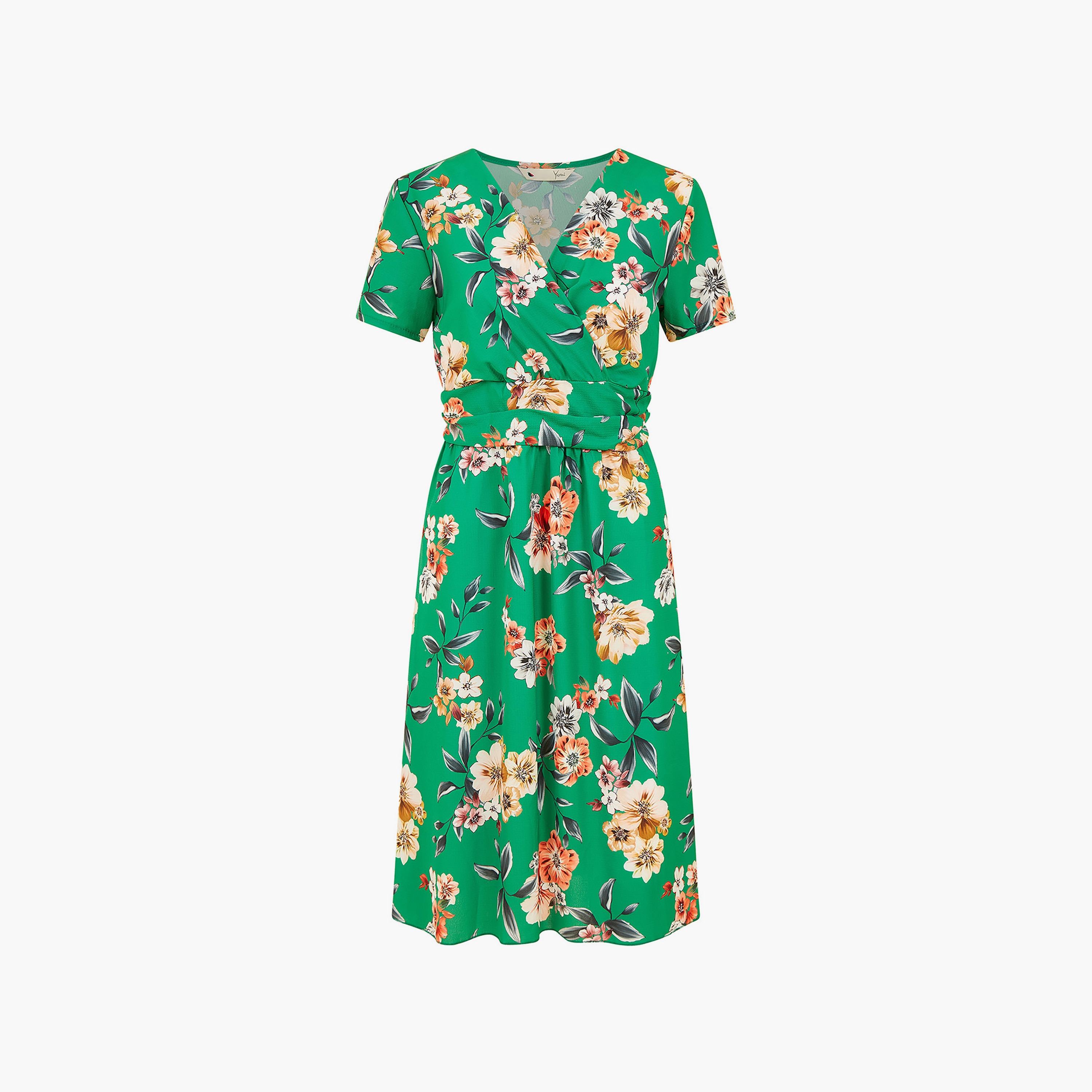 فستان الأخضر المزهر ذو الخصر المكشكش للنساء بطول الركبة من يامي-women-clothing-dresses-image-6