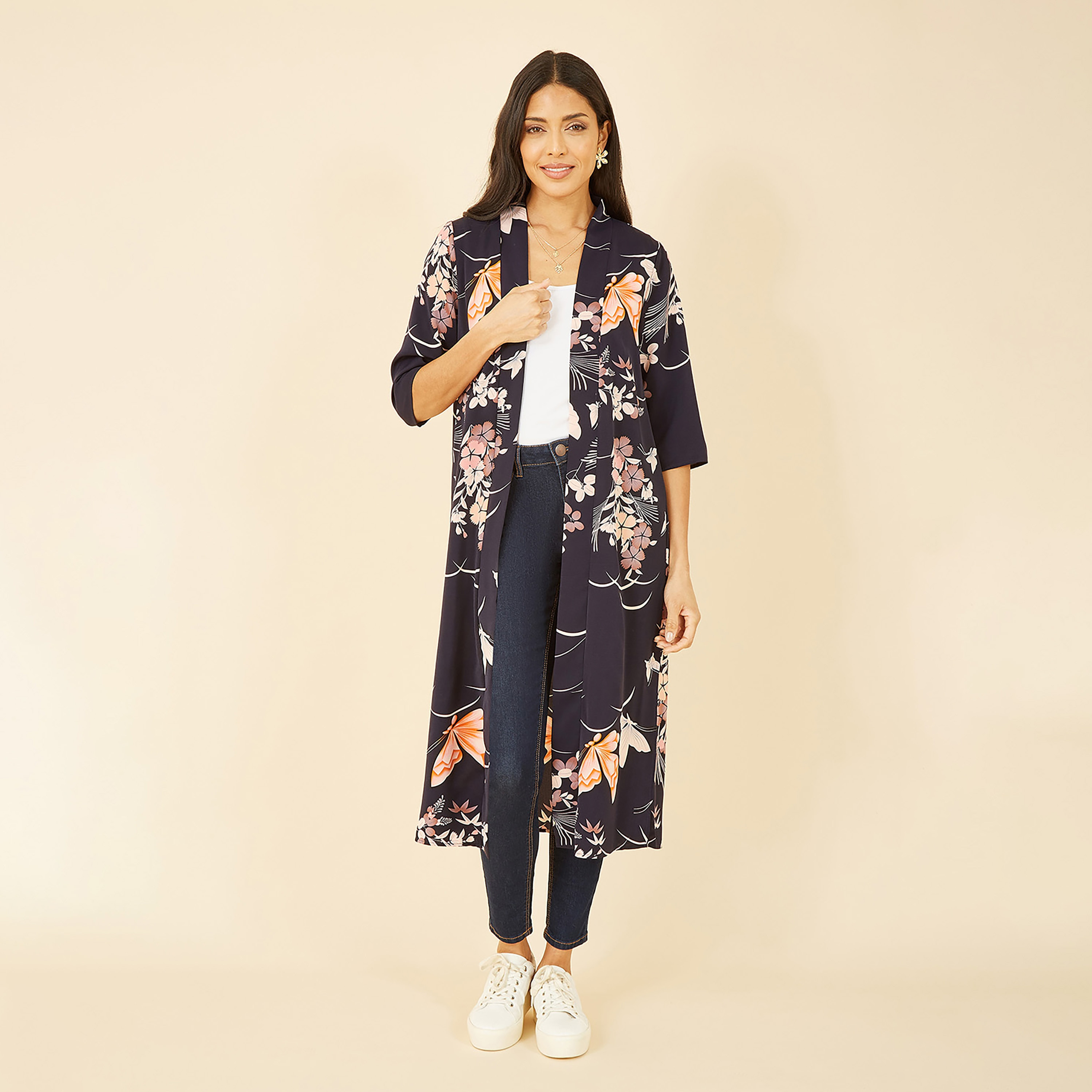 Yumi Navy Satin Butterfly Print Long Women's Kimono-women-clothing-shirtsandblouses-blouses-image-4
