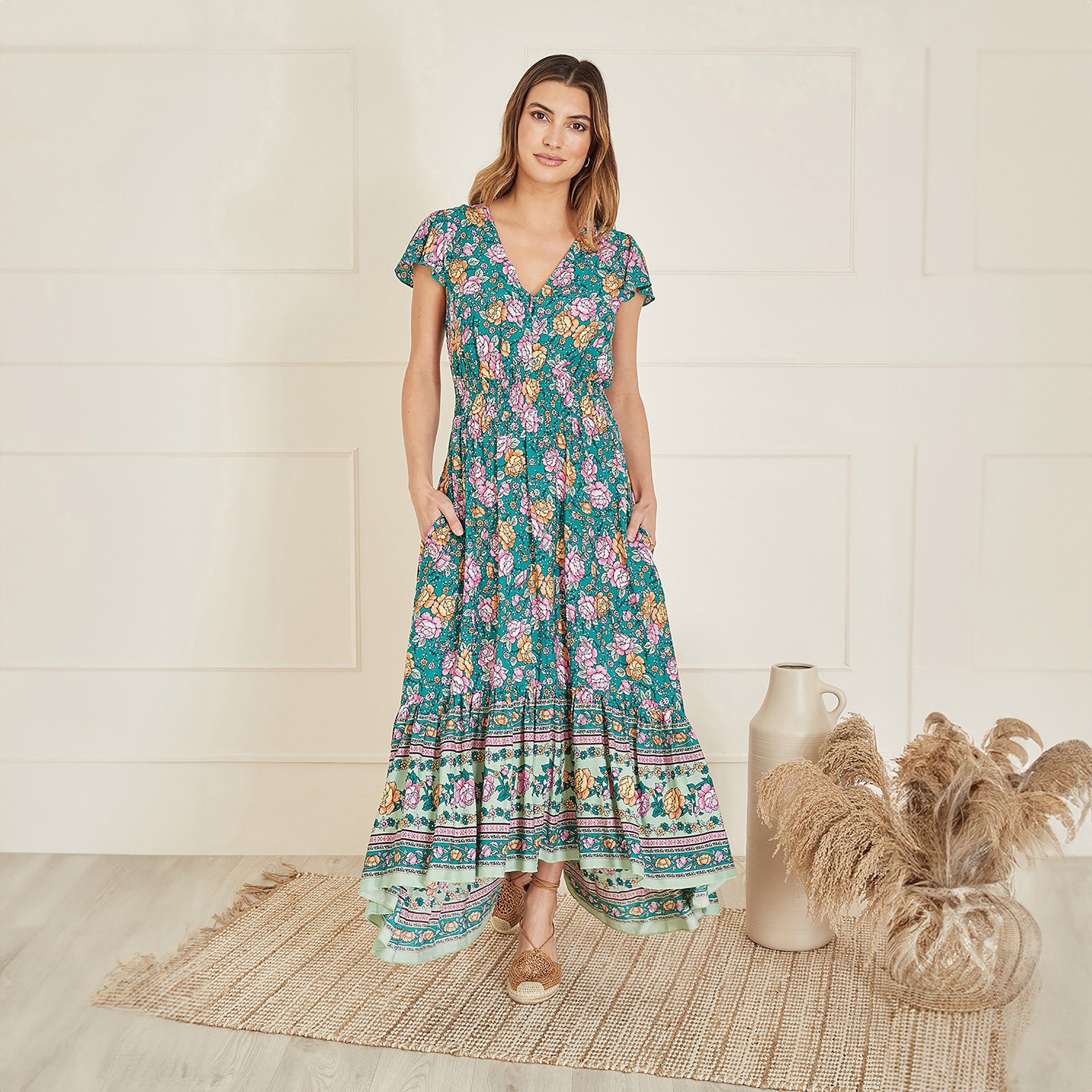 فستان ماكسي نسائي بطبعة زهور فيستيفال بخصر مجعد أخضر من يامي-women-clothing-dresses-image-1