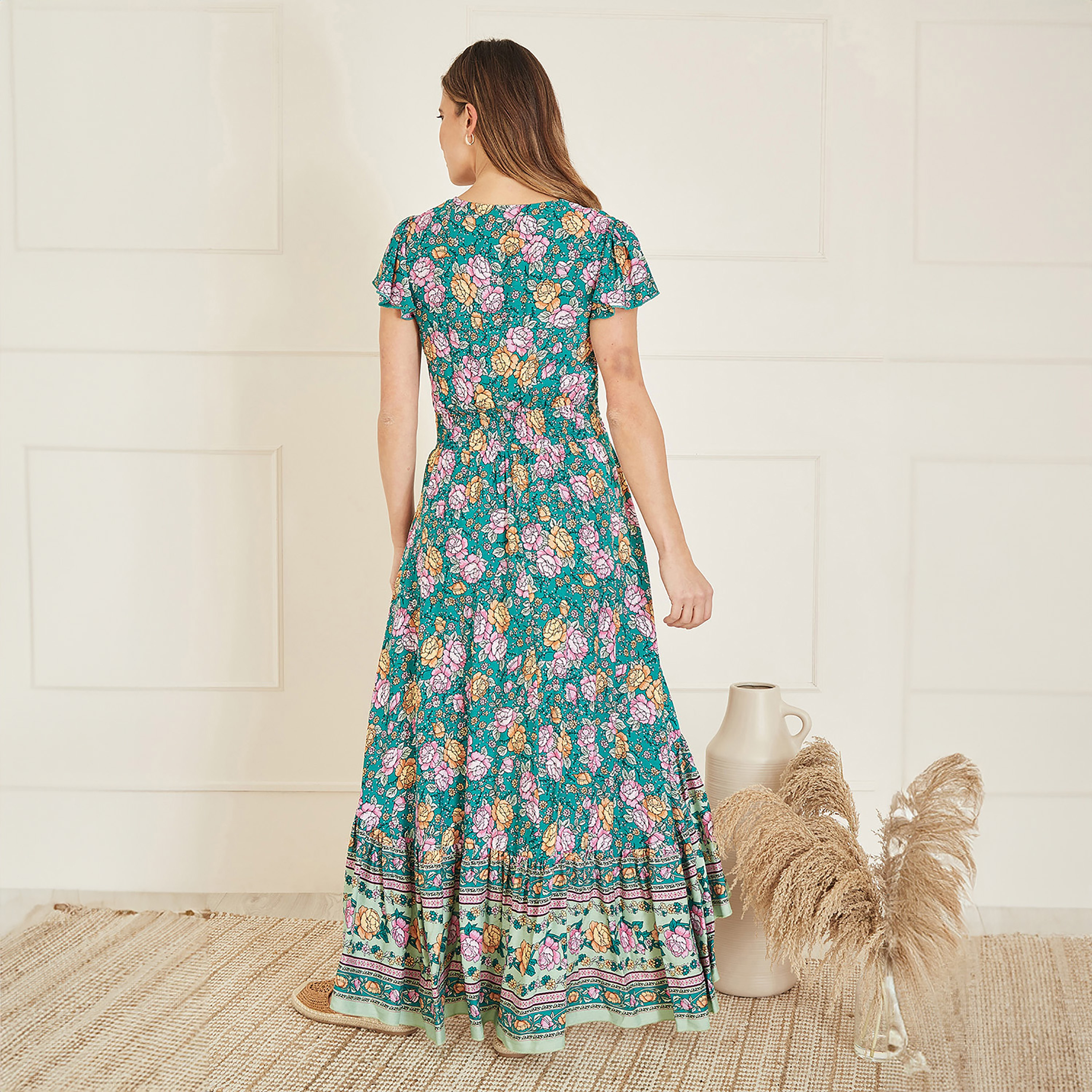 فستان ماكسي نسائي بطبعة زهور فيستيفال بخصر مجعد أخضر من يامي-women-clothing-dresses-image-2