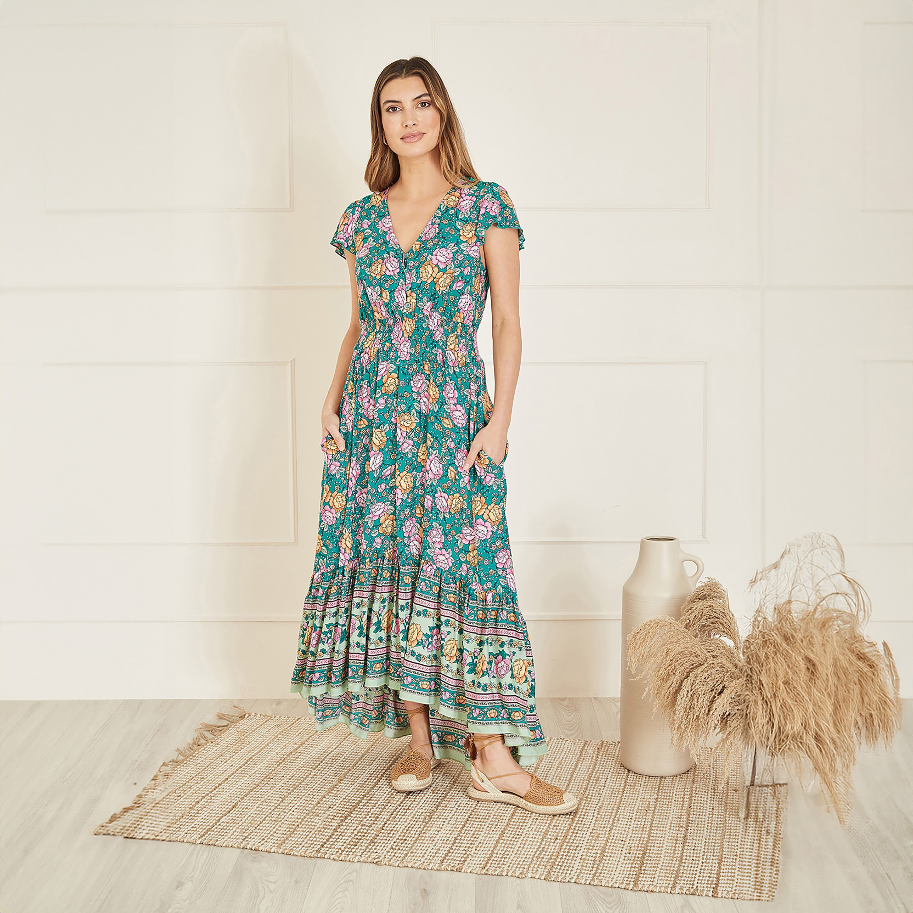 فستان ماكسي نسائي بطبعة زهور فيستيفال بخصر مجعد أخضر من يامي-women-clothing-dresses-image-3