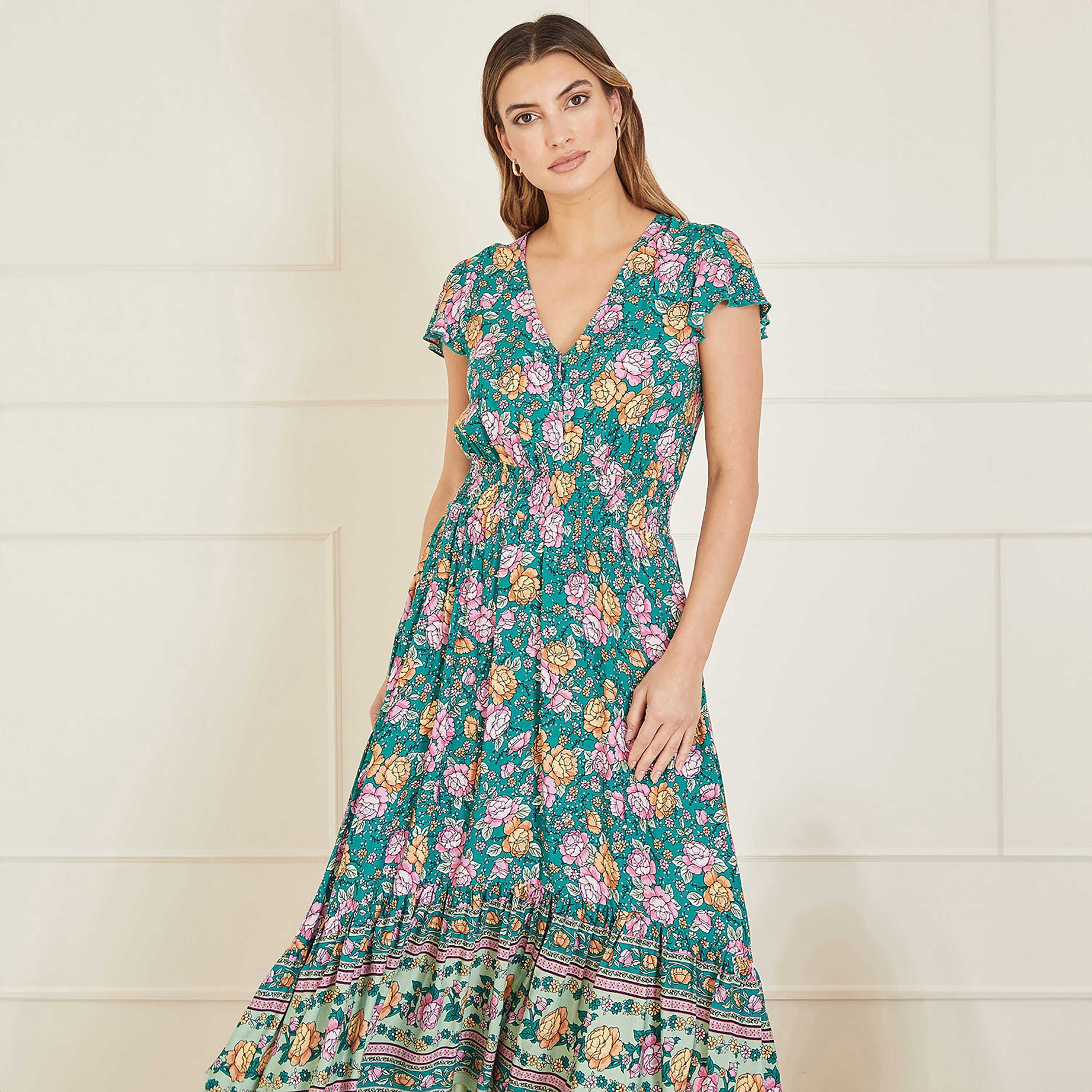 فستان ماكسي نسائي بطبعة زهور فيستيفال بخصر مجعد أخضر من يامي-women-clothing-dresses-image-4