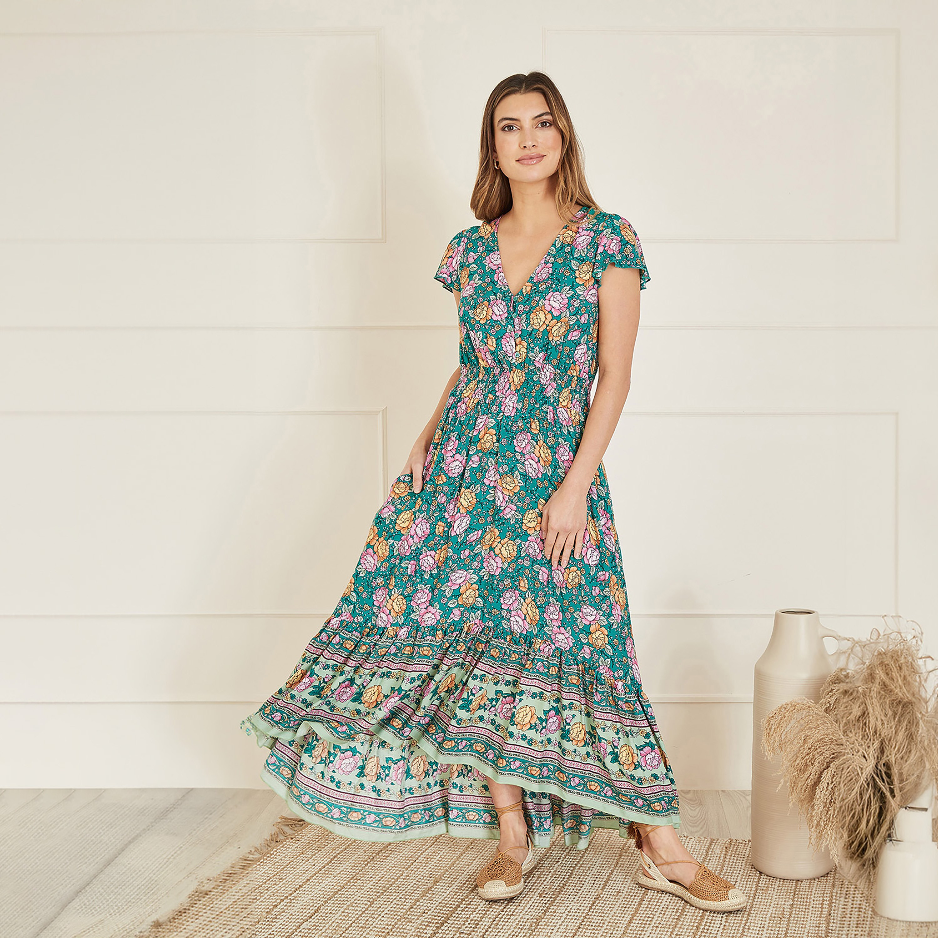 فستان ماكسي نسائي بطبعة زهور فيستيفال بخصر مجعد أخضر من يامي-women-clothing-dresses-image-5