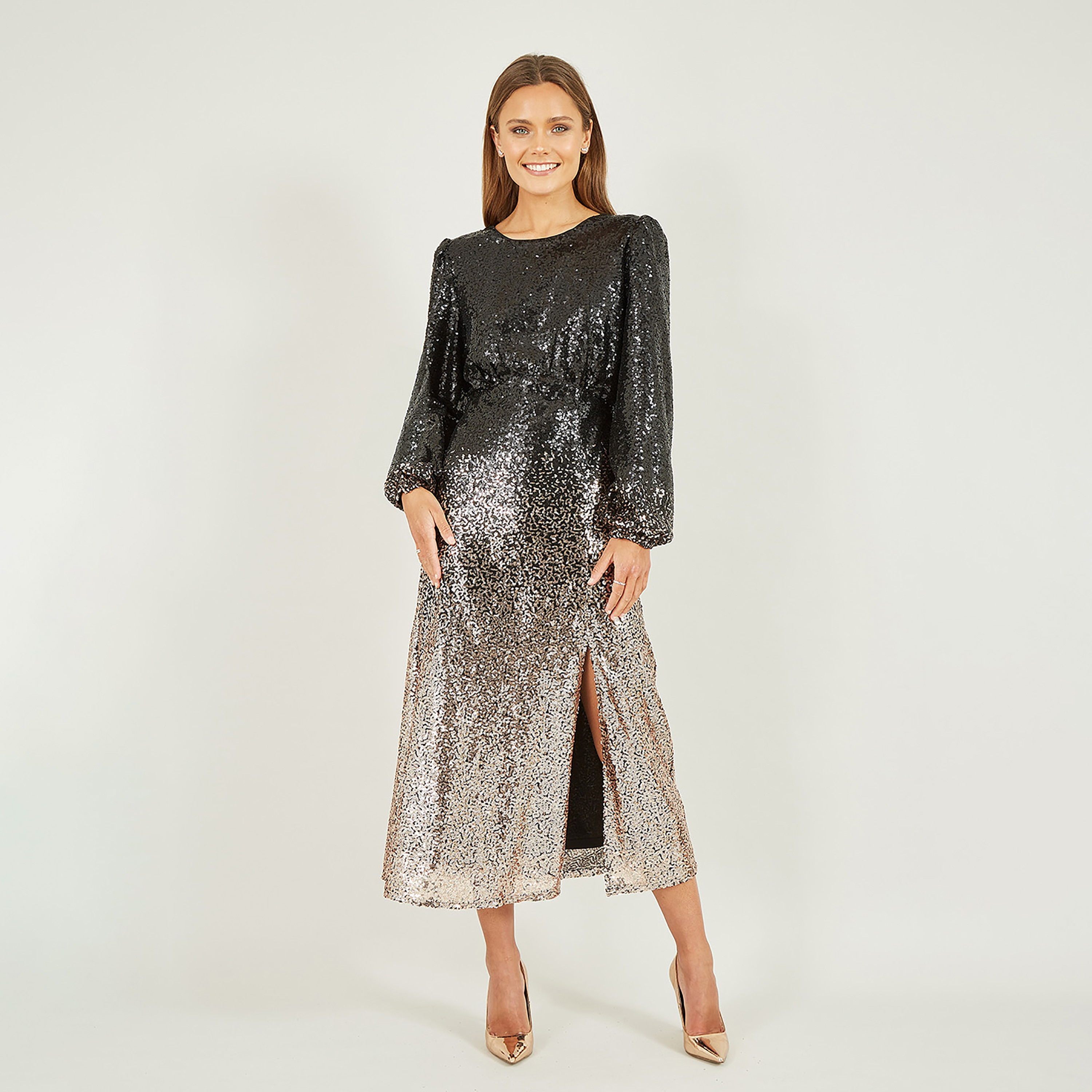 فستان ميدي بأكمام طويلة وشق مسائي من الترتر الأسود والذهبي للنساء من يامي-women-clothing-dresses-image-1
