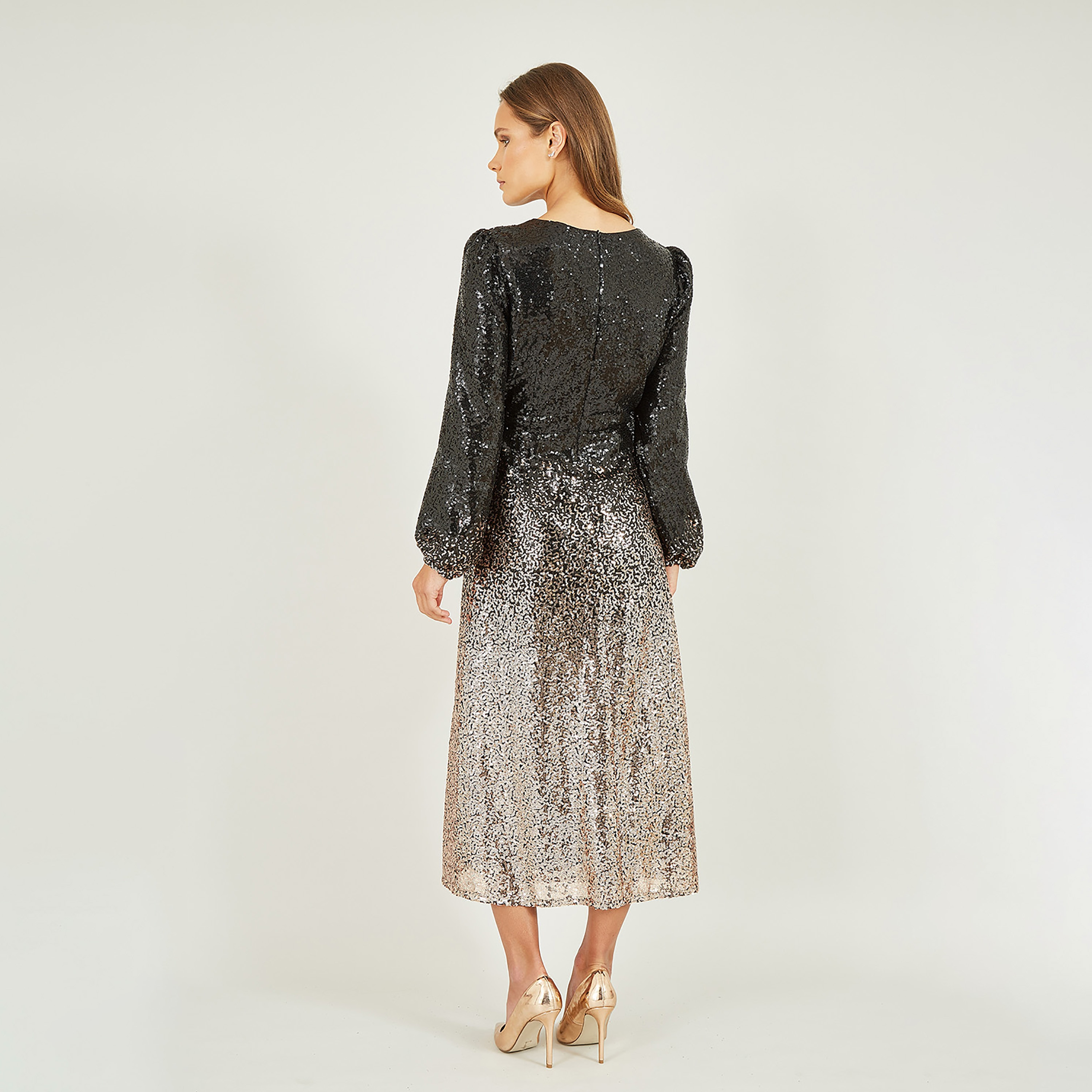 Yumi Black and Gold Sequin Ombre Long Sleeve Evening Slit Women's Midi Dress-women-clothing-dresses-image-2