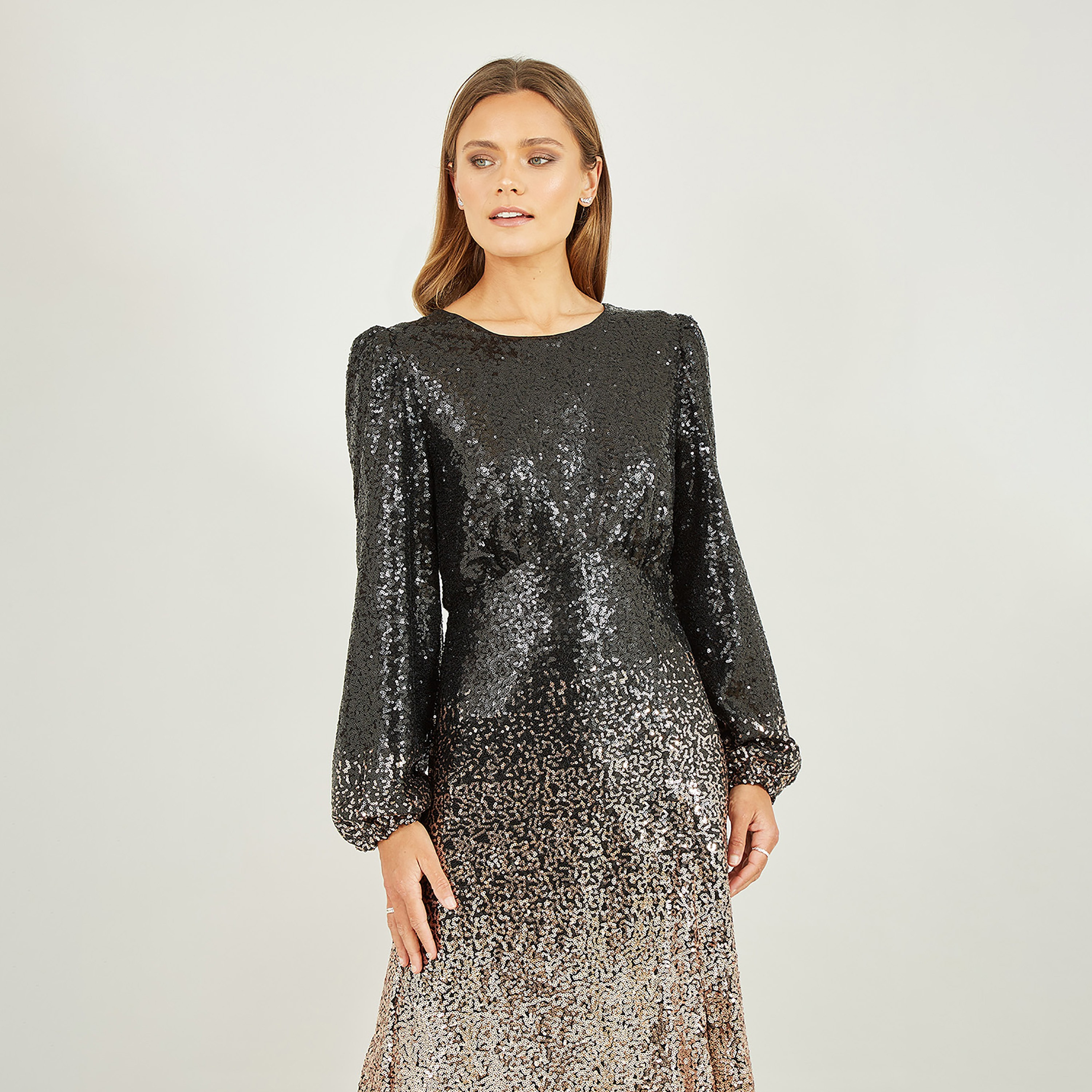 Yumi Black and Gold Sequin Ombre Long Sleeve Evening Slit Women's Midi Dress-women-clothing-dresses-image-3