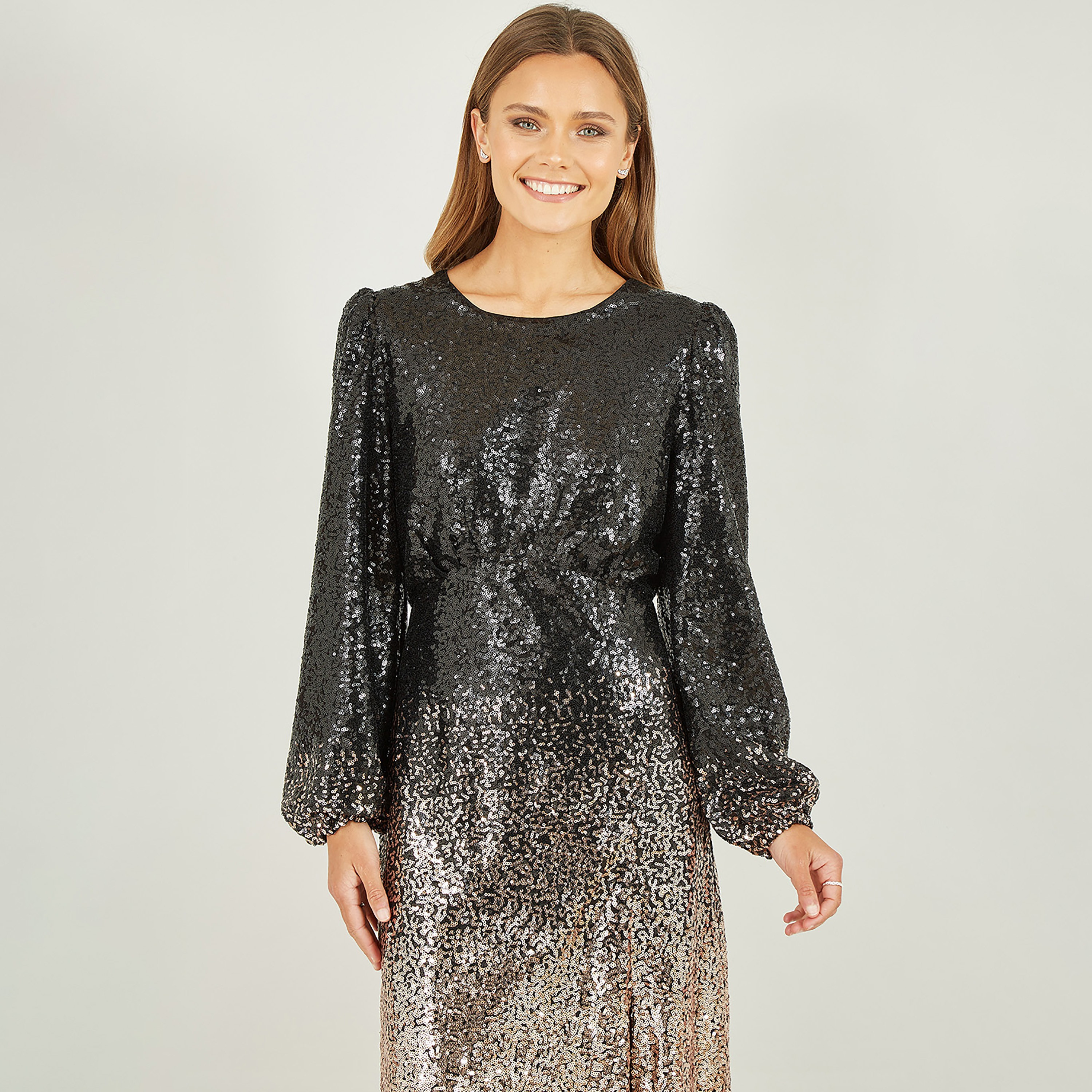 Yumi Black and Gold Sequin Ombre Long Sleeve Evening Slit Women's Midi Dress-women-clothing-dresses-image-4