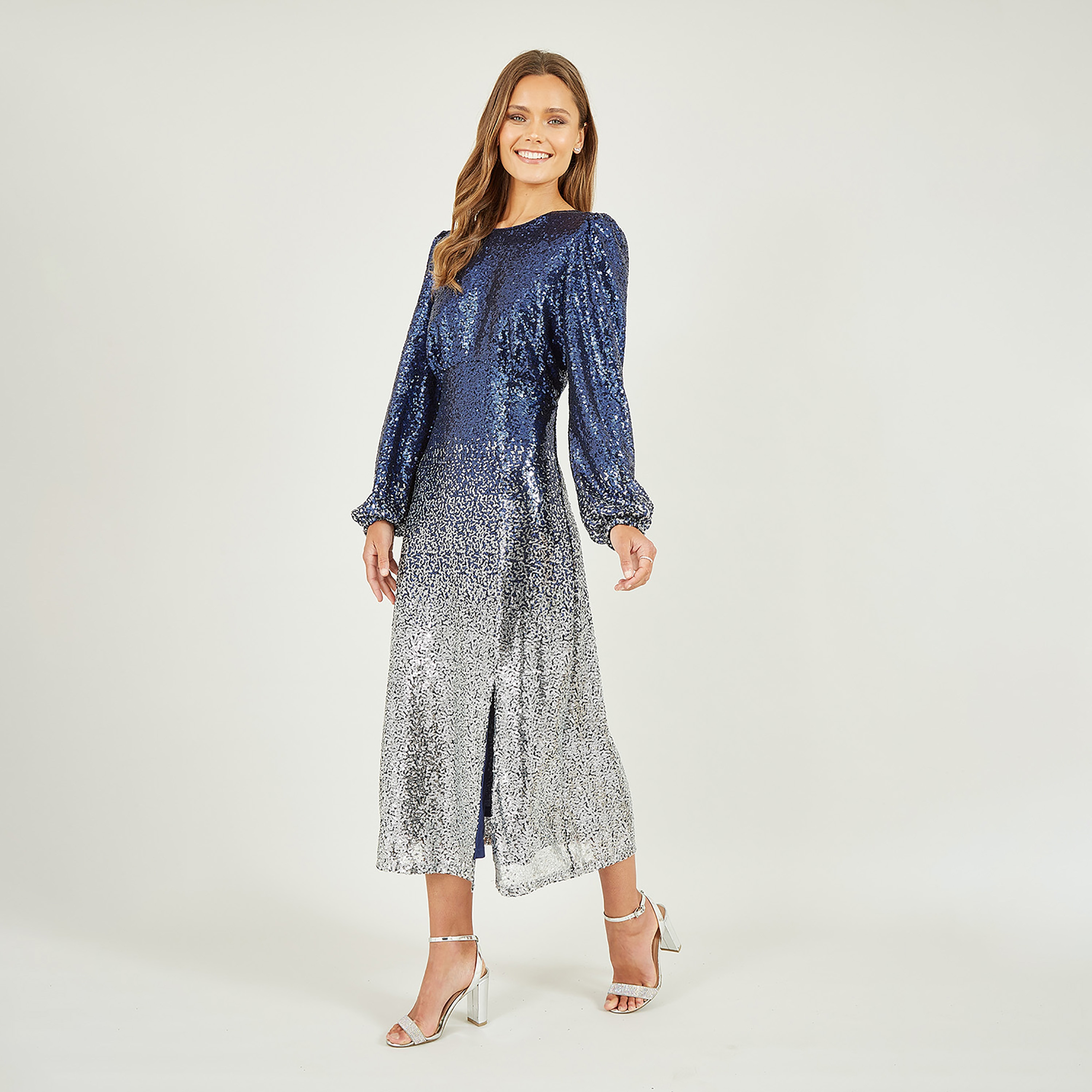 فستان ميدي بأكمام منفوخة وشق مسائي للنساء باللون الأزرق البحري والفضي من يامي-women-clothing-dresses-image-1