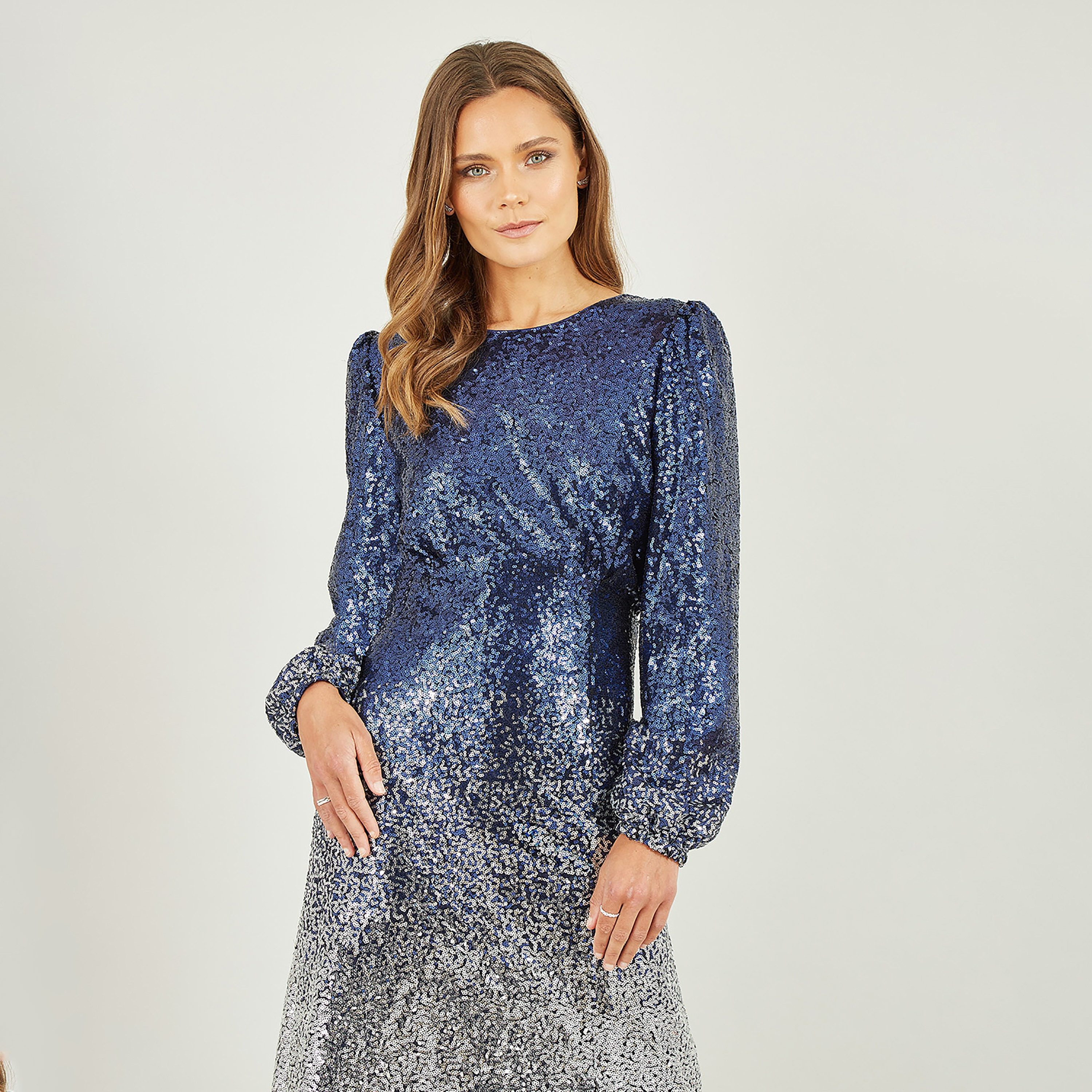 فستان ميدي بأكمام منفوخة وشق مسائي للنساء باللون الأزرق البحري والفضي من يامي-women-clothing-dresses-image-3