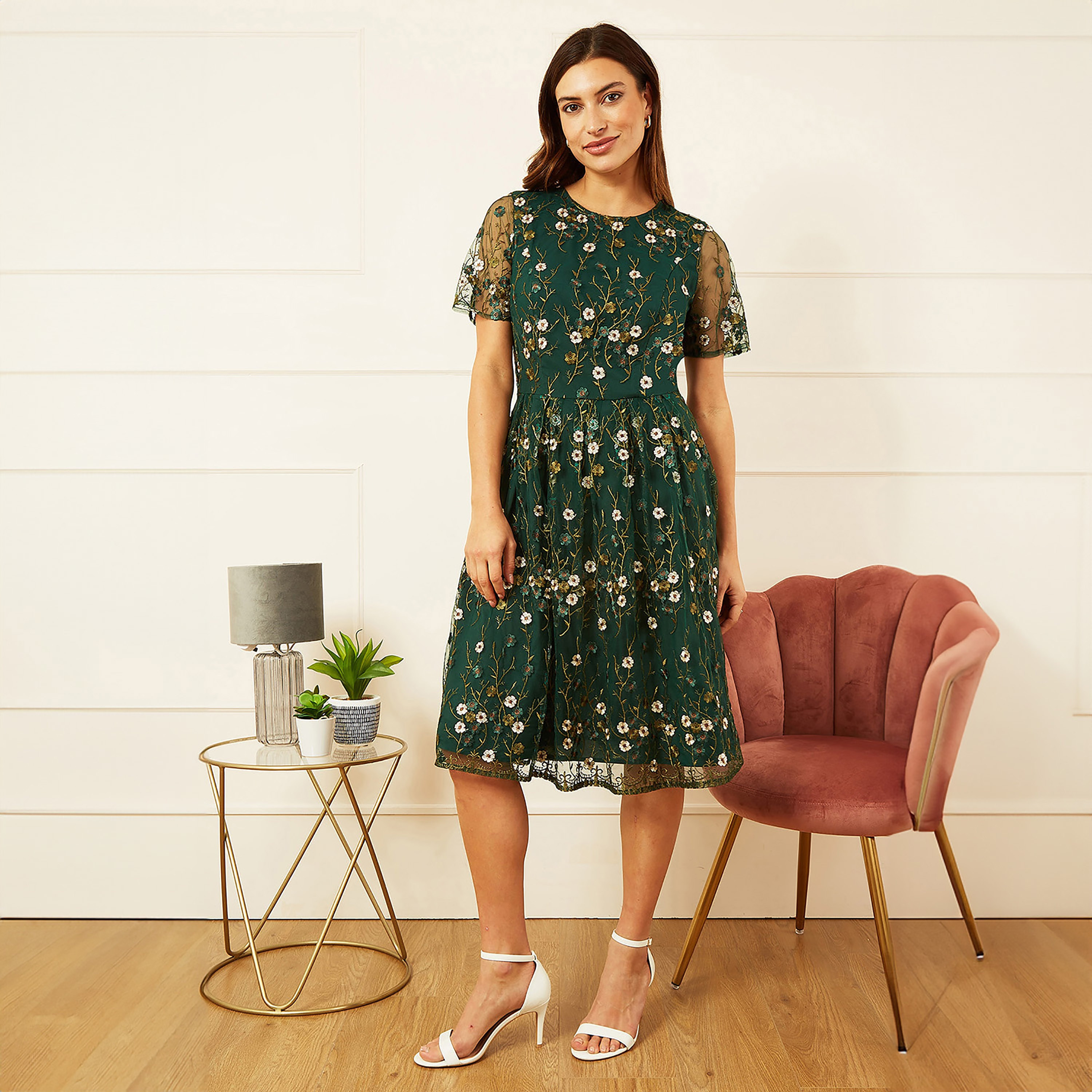 فستان سهرة نسائي بطول الركبة باللون الأخضر مطرز بالزهور من يامي-women-clothing-dresses-image-4