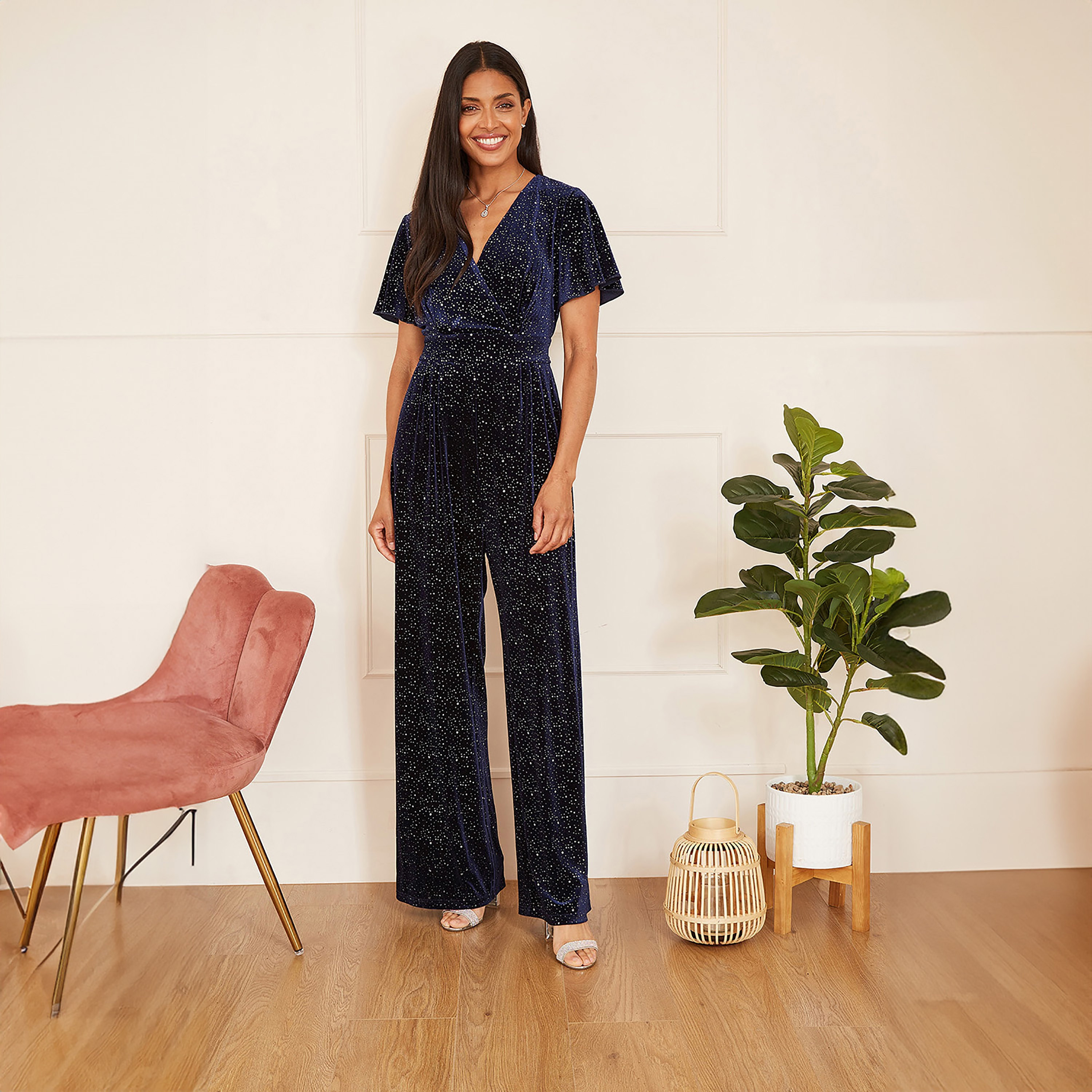 جمبسوت نسائي مسائي فيلفيت لامع ازرق داكن من يامي-women-clothing-jumpsuits-image-1