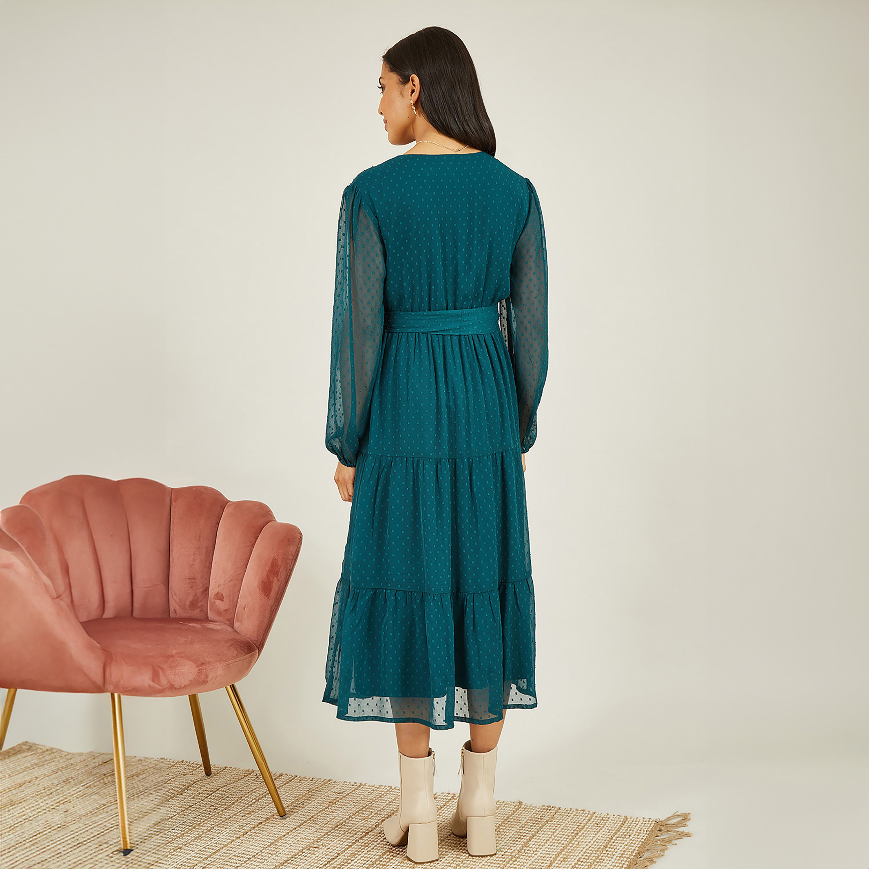 فستان أخضر معاد تدويره بأكمام طويلة للنساء من قماش دوبي سبوت من يامي-women-clothing-dresses-image-2