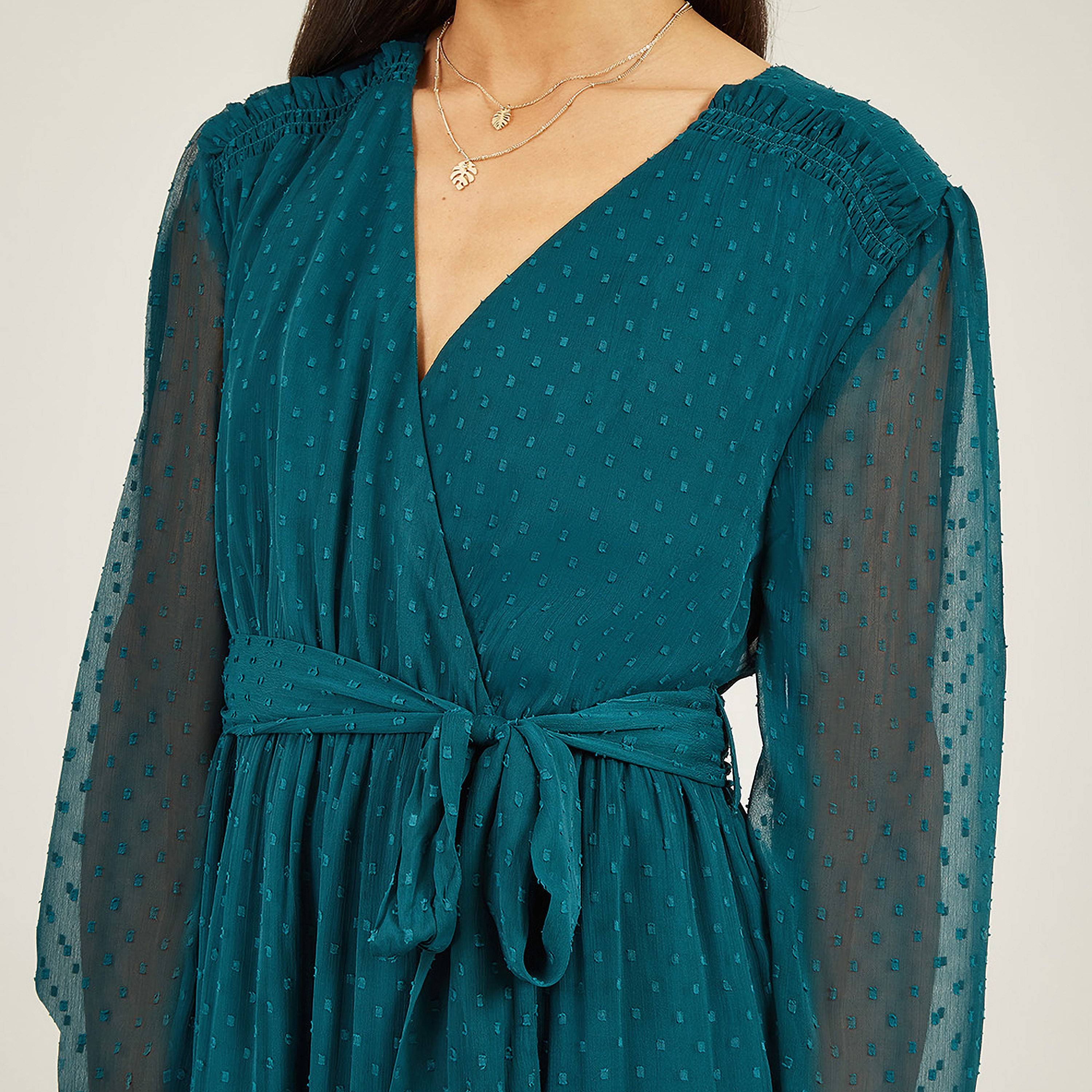 فستان أخضر معاد تدويره بأكمام طويلة للنساء من قماش دوبي سبوت من يامي-women-clothing-dresses-image-3