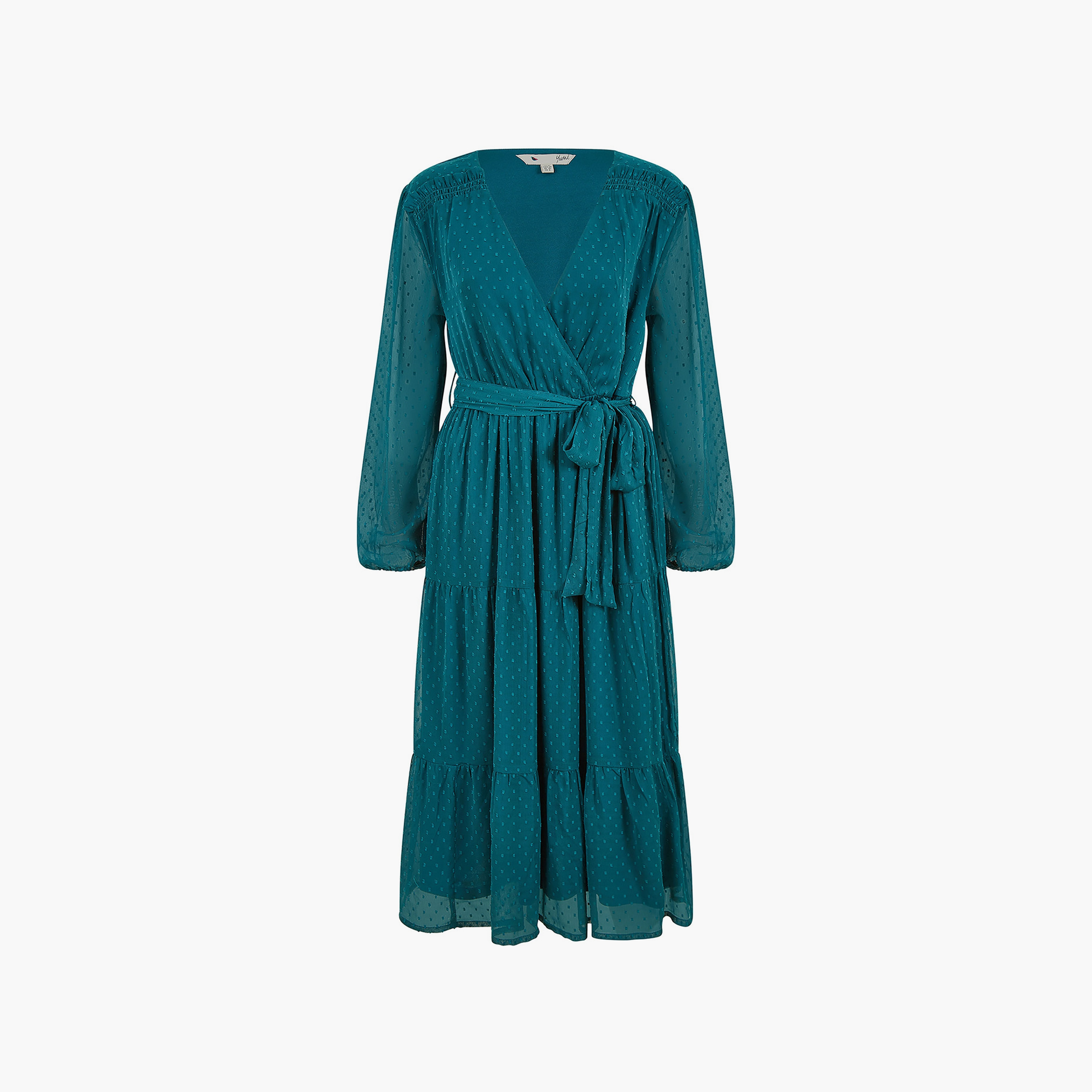 فستان أخضر معاد تدويره بأكمام طويلة للنساء من قماش دوبي سبوت من يامي-women-clothing-dresses-image-5
