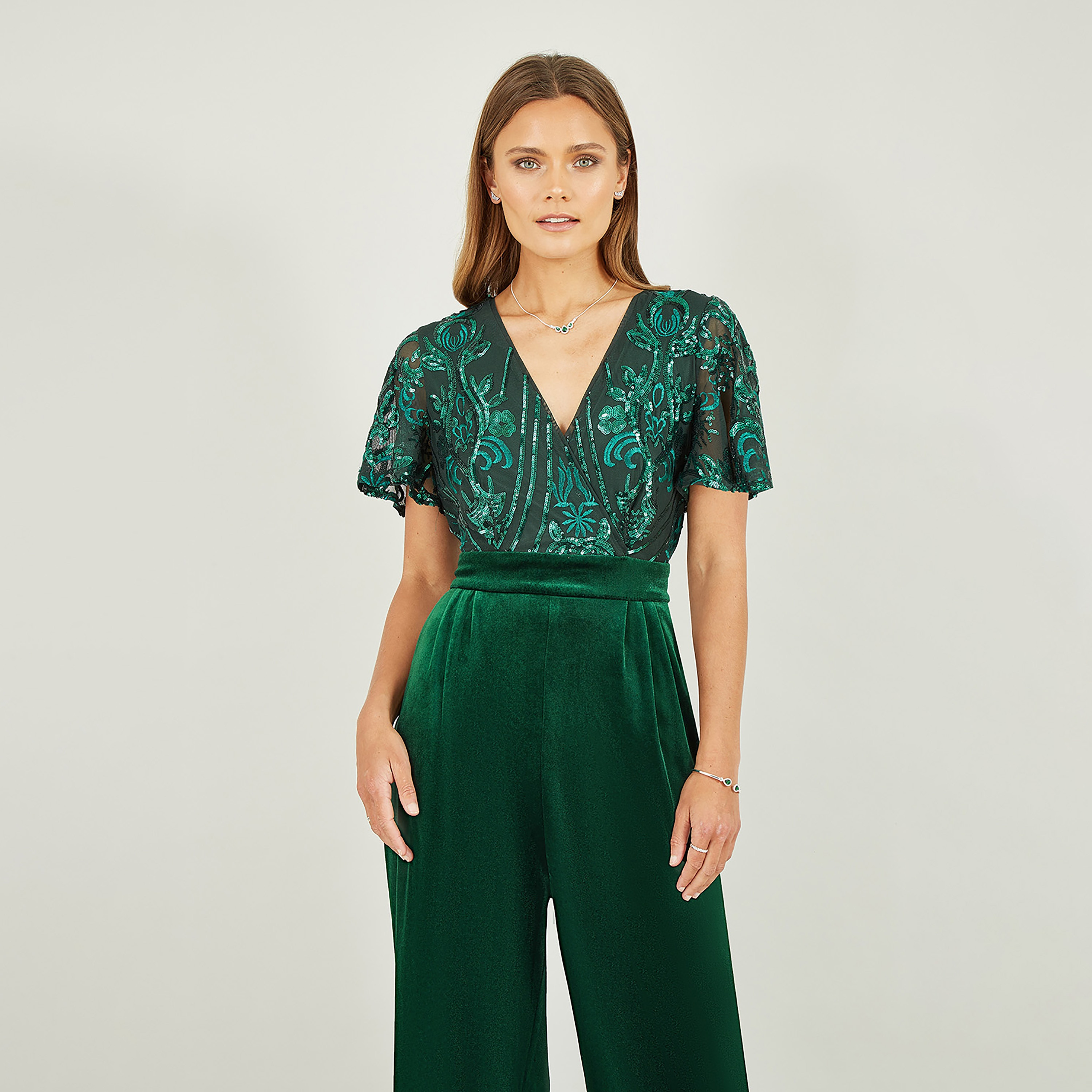Yumi Sequin Embellished Velvet Evening Women's Jumpsuit with Angel Sleeves-women-clothing-jumpsuits-image-3
