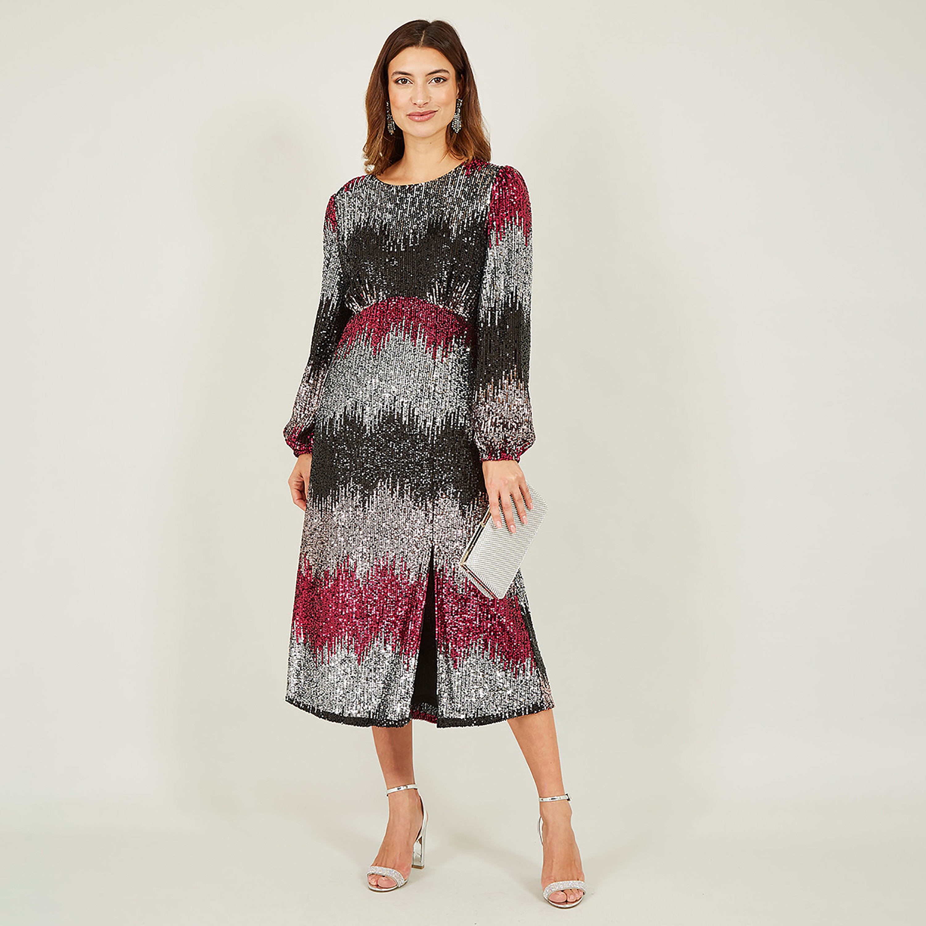 Yumi Multicolour Sequin Ombre Long Sleeve Evening Slit Women's Midi Dress-women-clothing-dresses-image-1