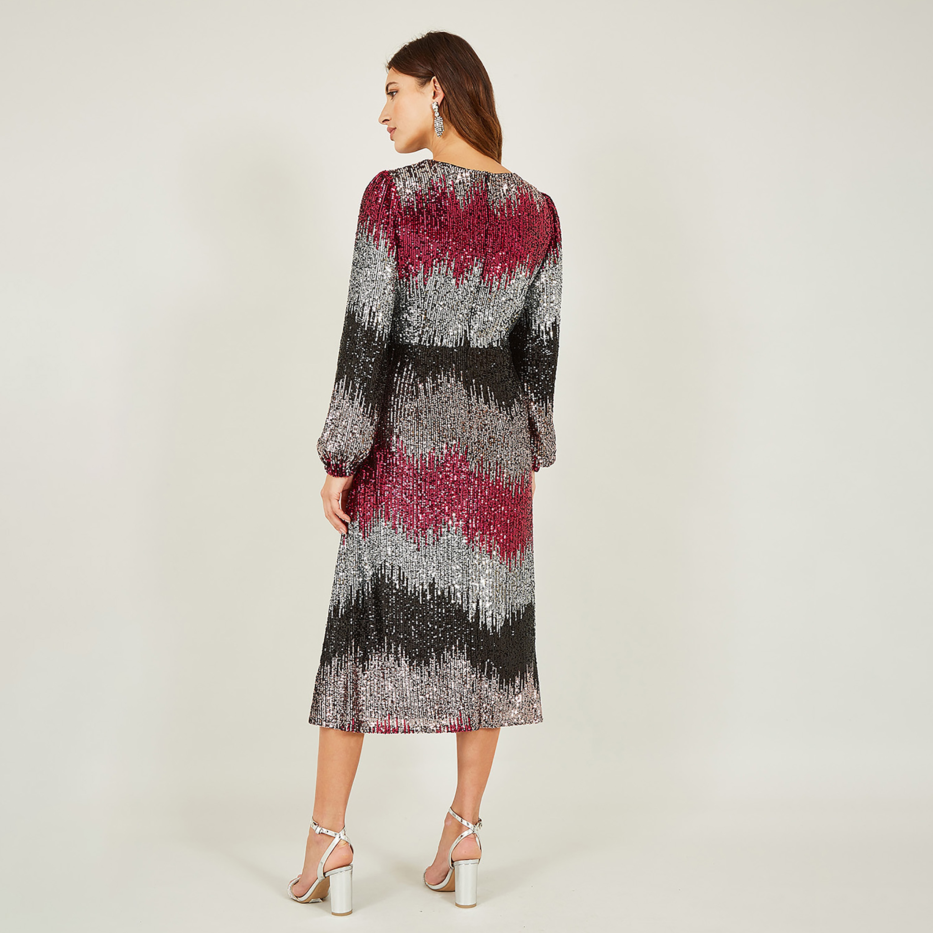 Yumi Multicolour Sequin Ombre Long Sleeve Evening Slit Women's Midi Dress-women-clothing-dresses-image-2