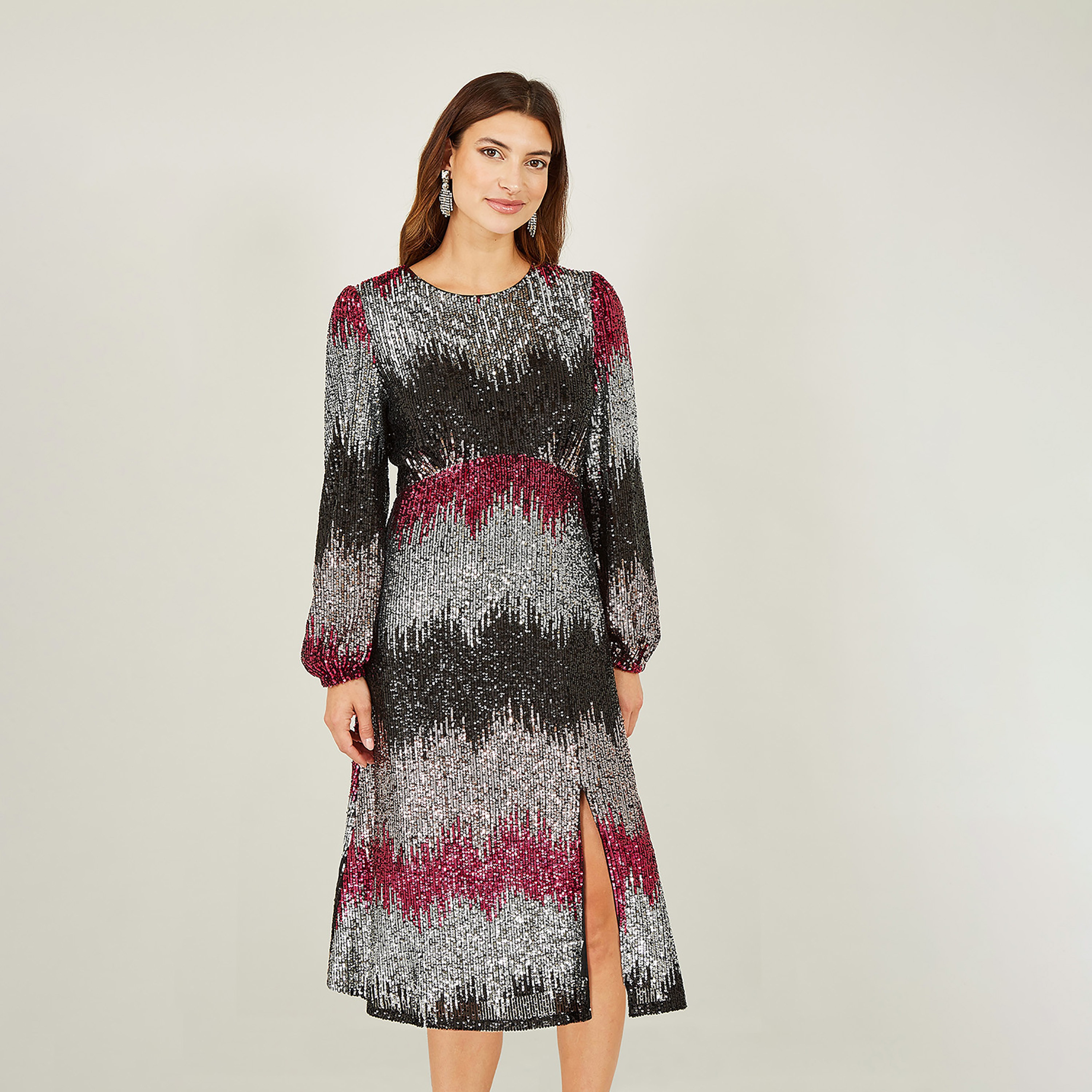 Yumi Multicolour Sequin Ombre Long Sleeve Evening Slit Women's Midi Dress-women-clothing-dresses-image-3