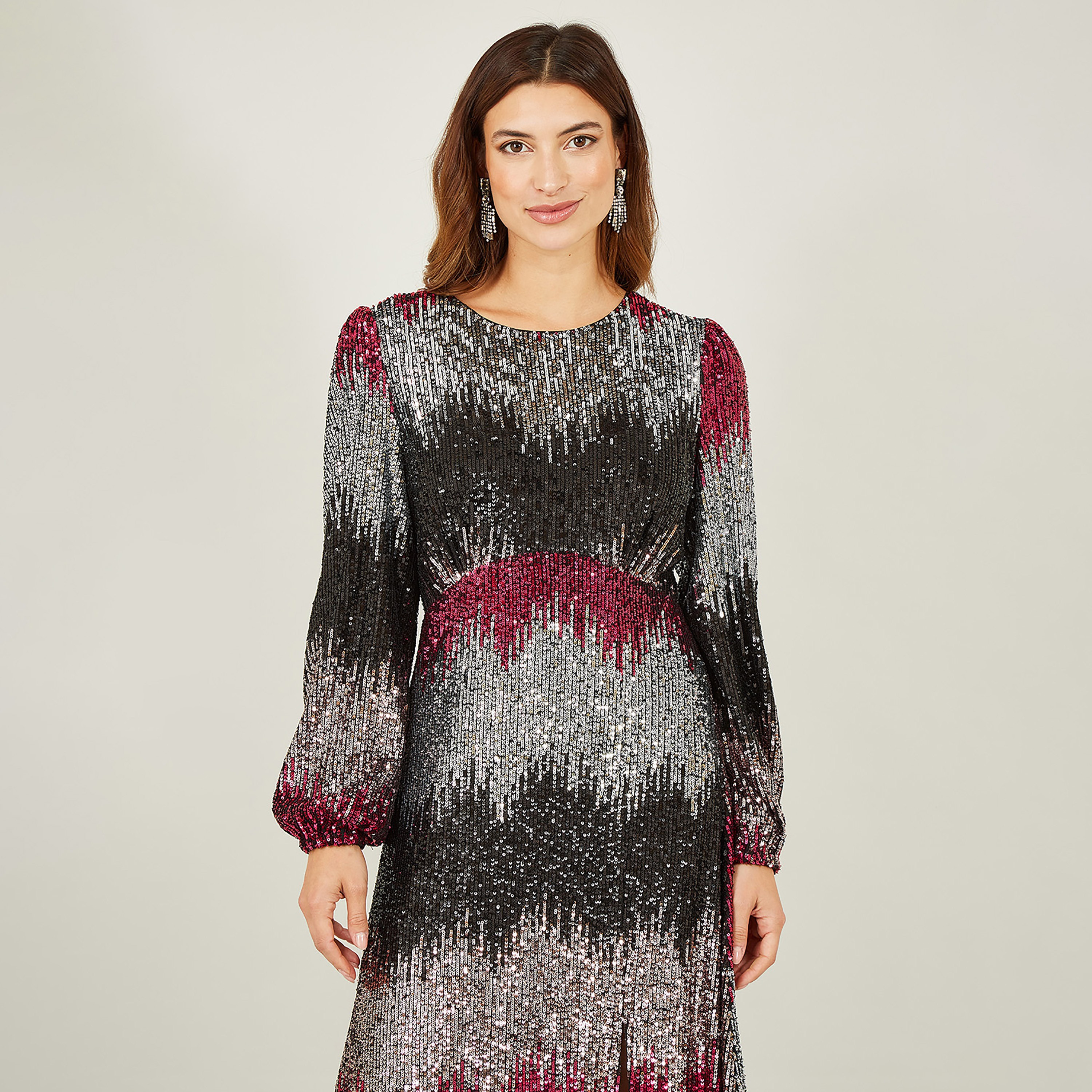 Yumi Multicolour Sequin Ombre Long Sleeve Evening Slit Women's Midi Dress-women-clothing-dresses-image-4