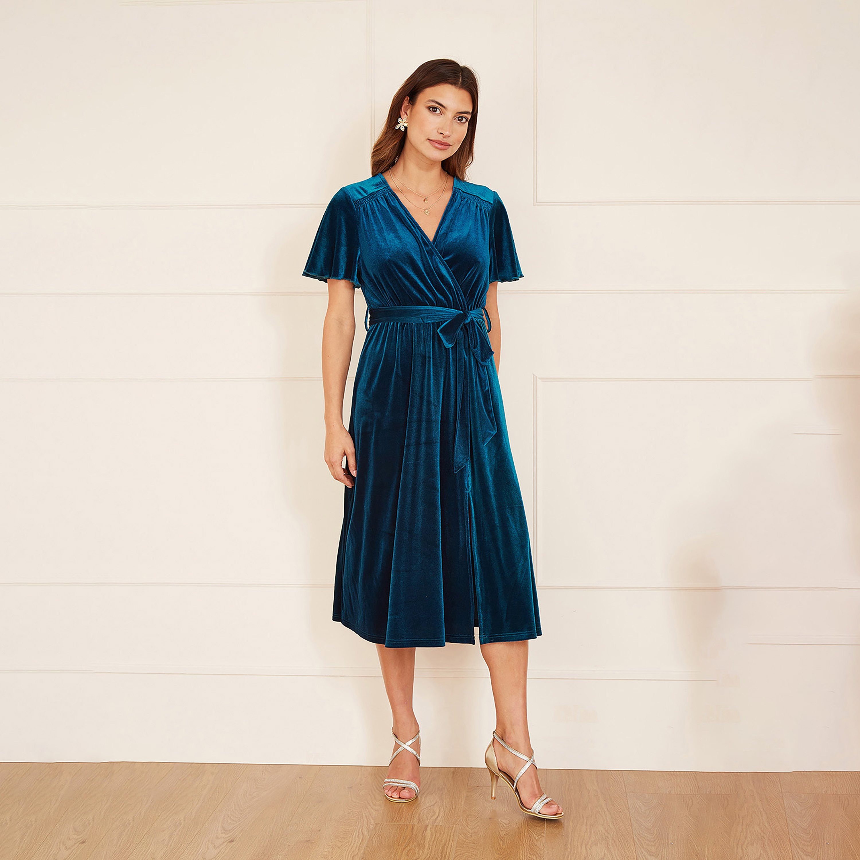 Yumi Teal Wrap Over Evening Women's Midi Dress with Angel Sleeves and Split Hem-women-clothing-dresses-image-1
