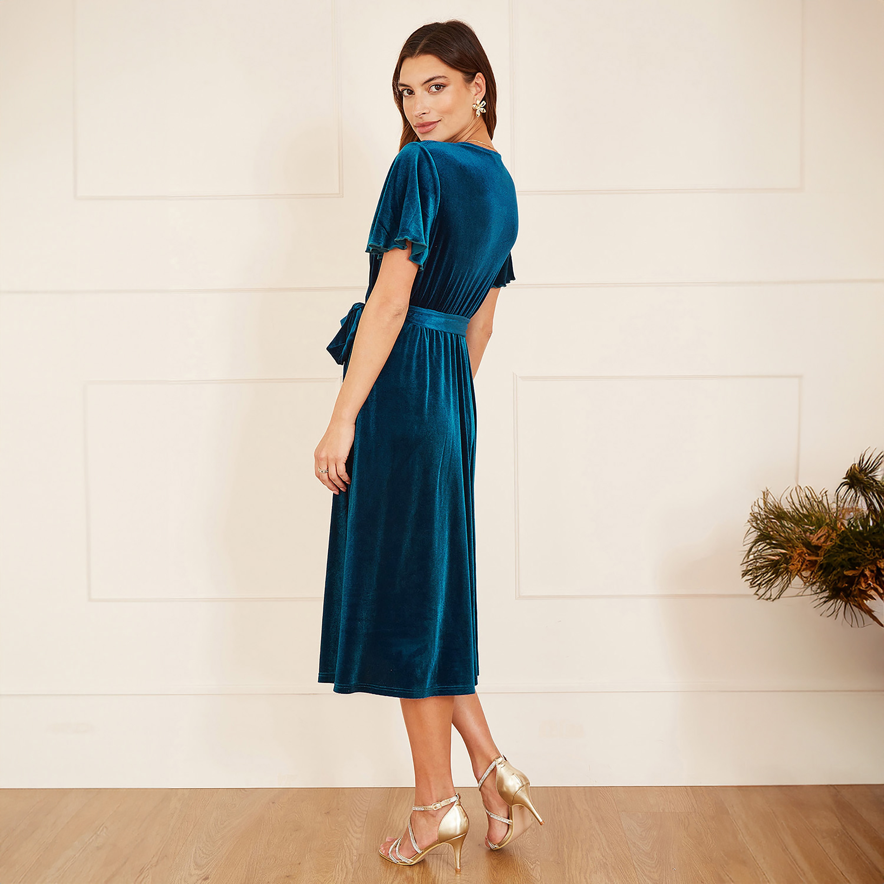 Yumi Teal Wrap Over Evening Women's Midi Dress with Angel Sleeves and Split Hem-women-clothing-dresses-image-2