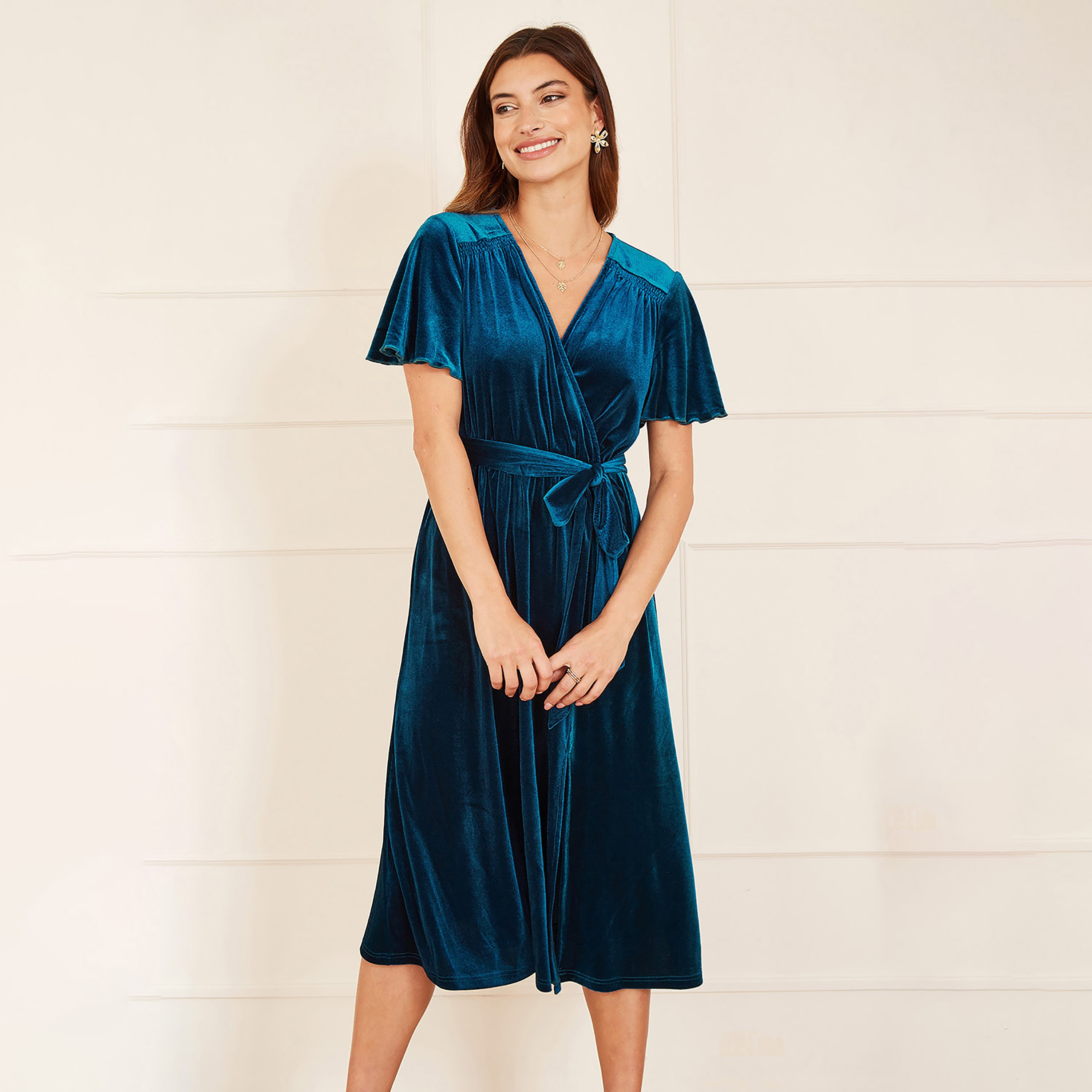 Yumi Teal Wrap Over Evening Women's Midi Dress with Angel Sleeves and Split Hem-women-clothing-dresses-image-3