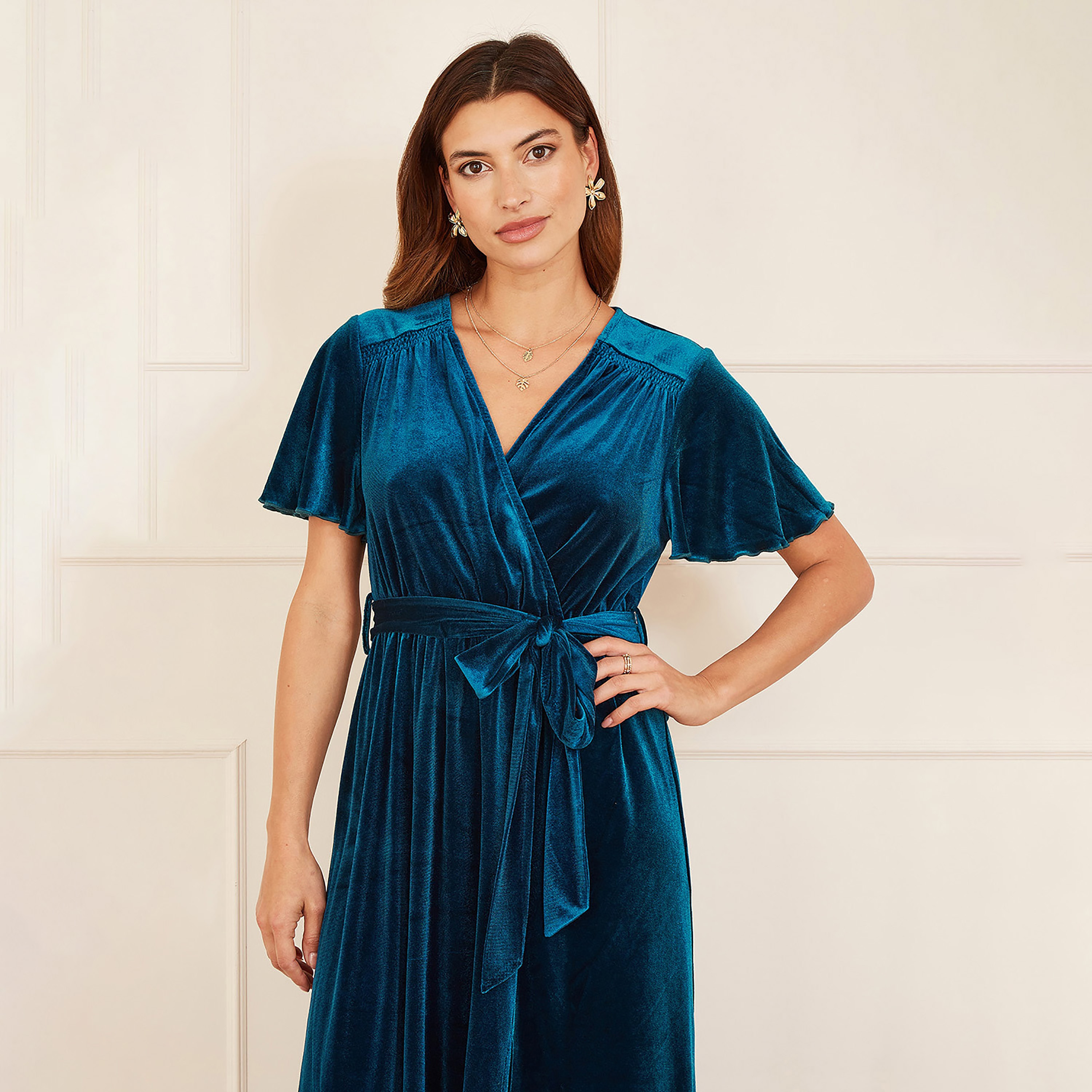 Yumi Teal Wrap Over Evening Women's Midi Dress with Angel Sleeves and Split Hem-women-clothing-dresses-image-5
