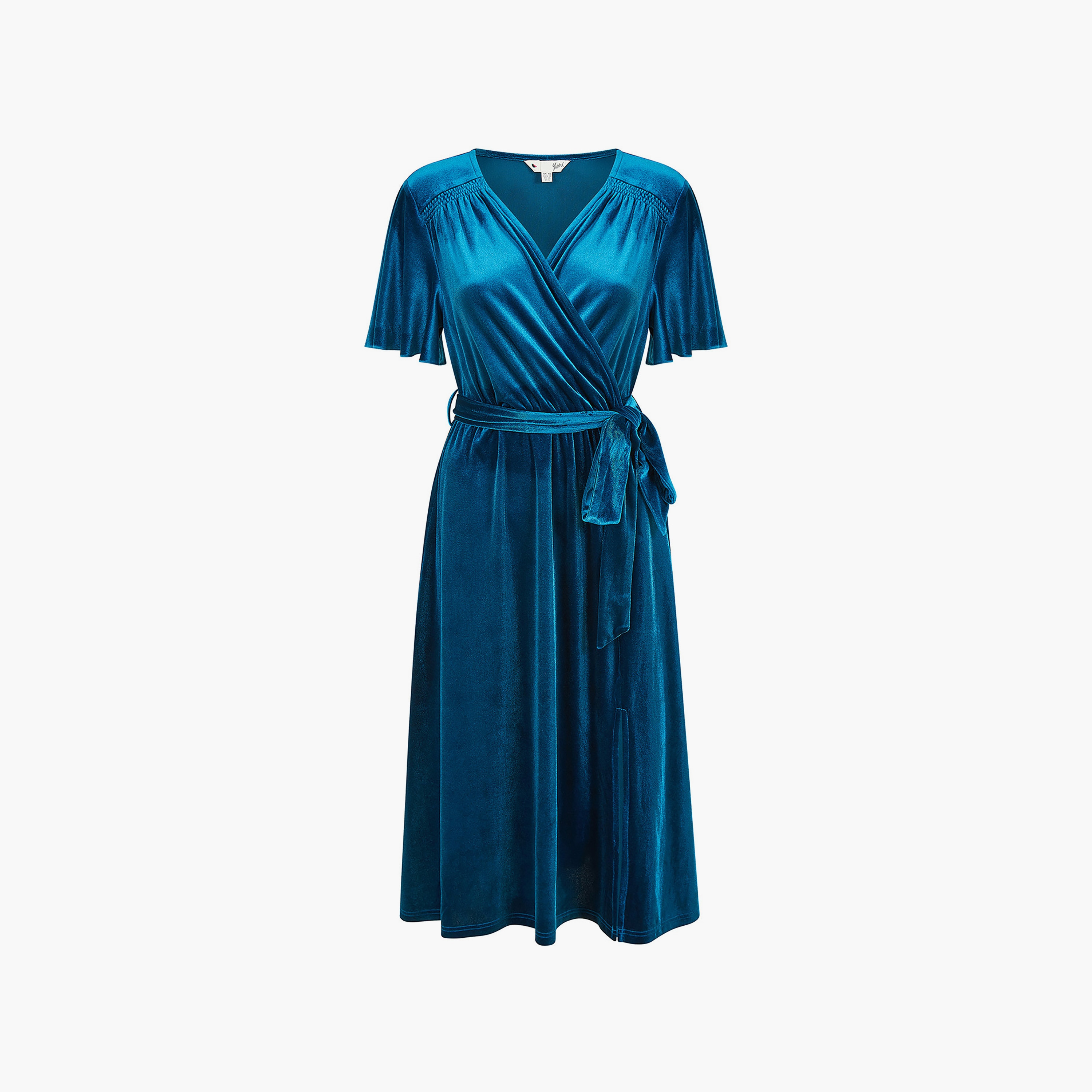 Yumi Teal Wrap Over Evening Women's Midi Dress with Angel Sleeves and Split Hem-women-clothing-dresses-image-6
