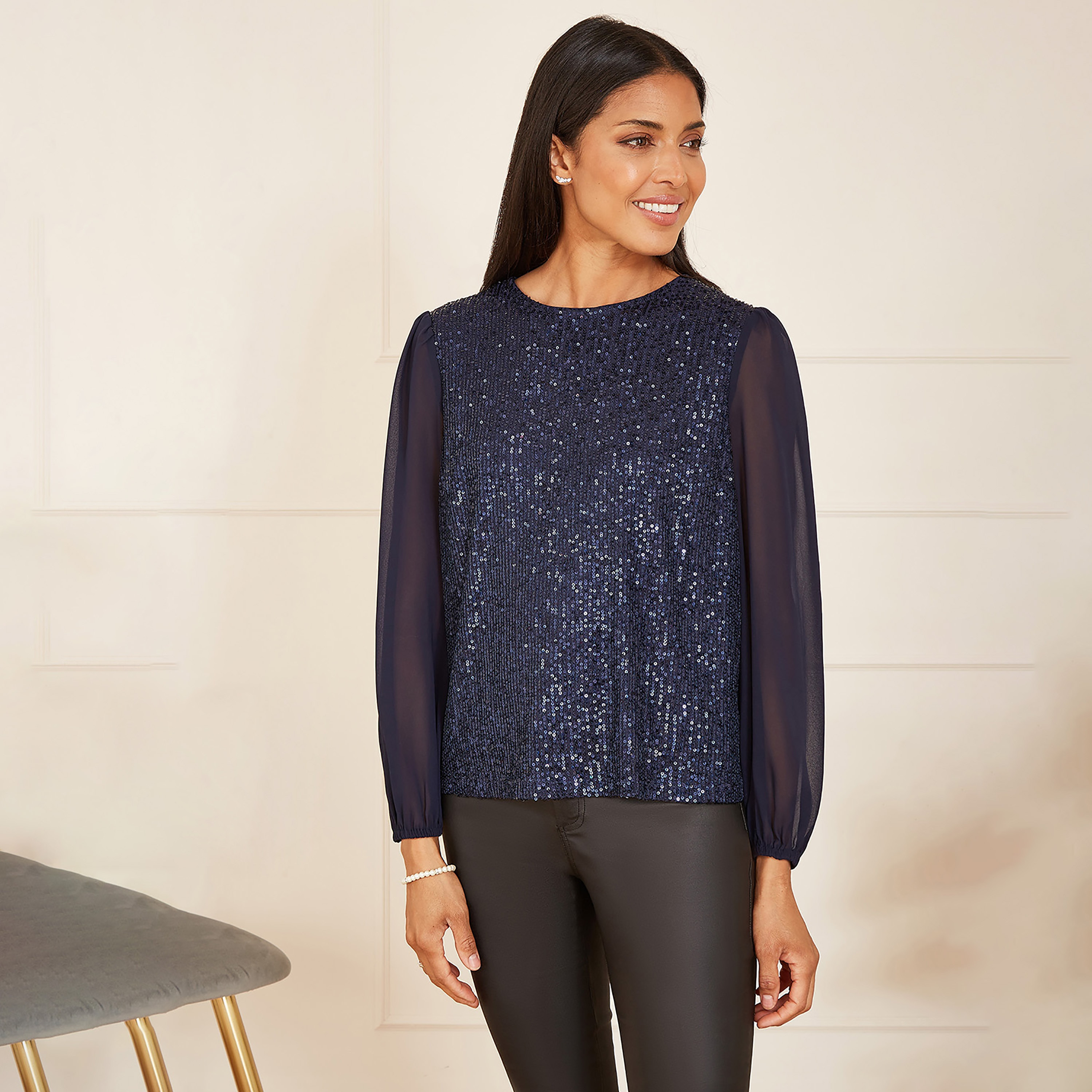 Yumi Navy Sequin Evening Women's Top with Sheer Sleeves-women-clothing-shirtsandblouses-blouses-image-1