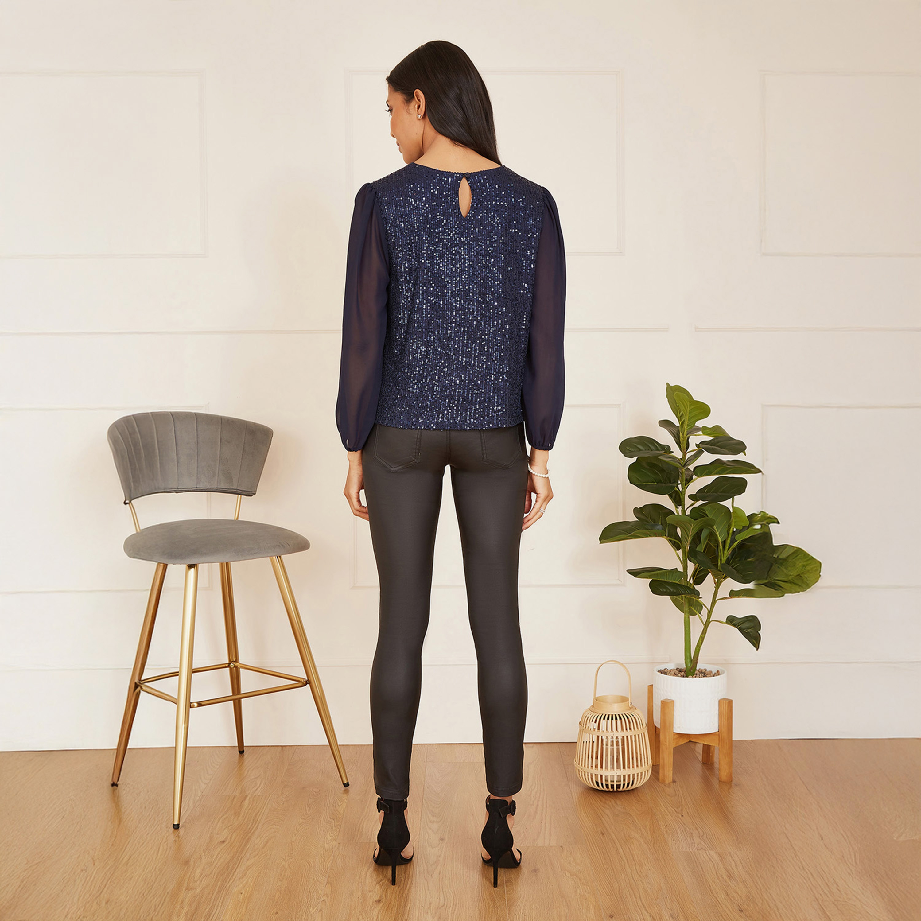 Yumi Navy Sequin Evening Women's Top with Sheer Sleeves-women-clothing-shirtsandblouses-blouses-image-3