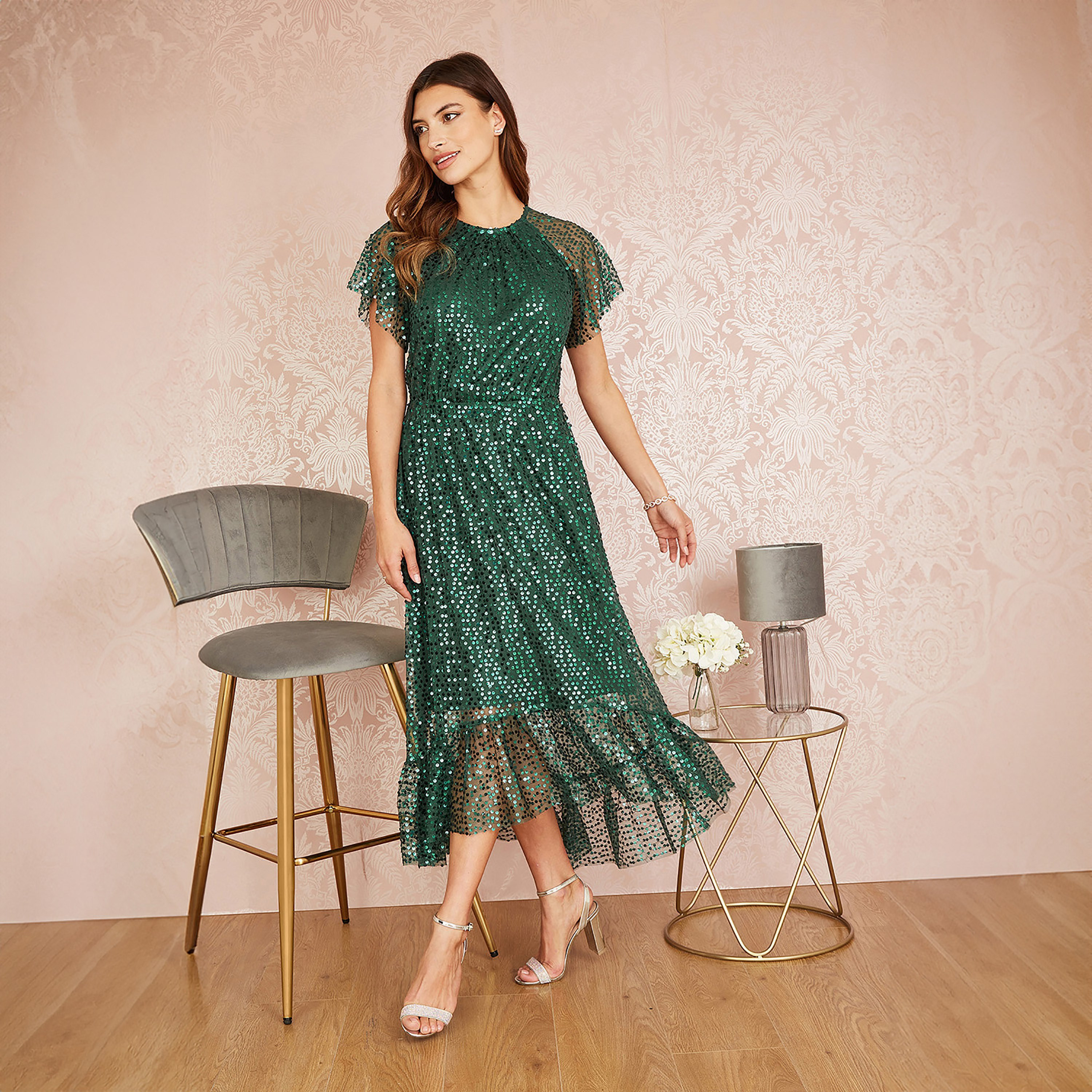 Yumi Green Sequin Angel Sleeve Evening Women's Midi Dress-women-clothing-dresses-image-1