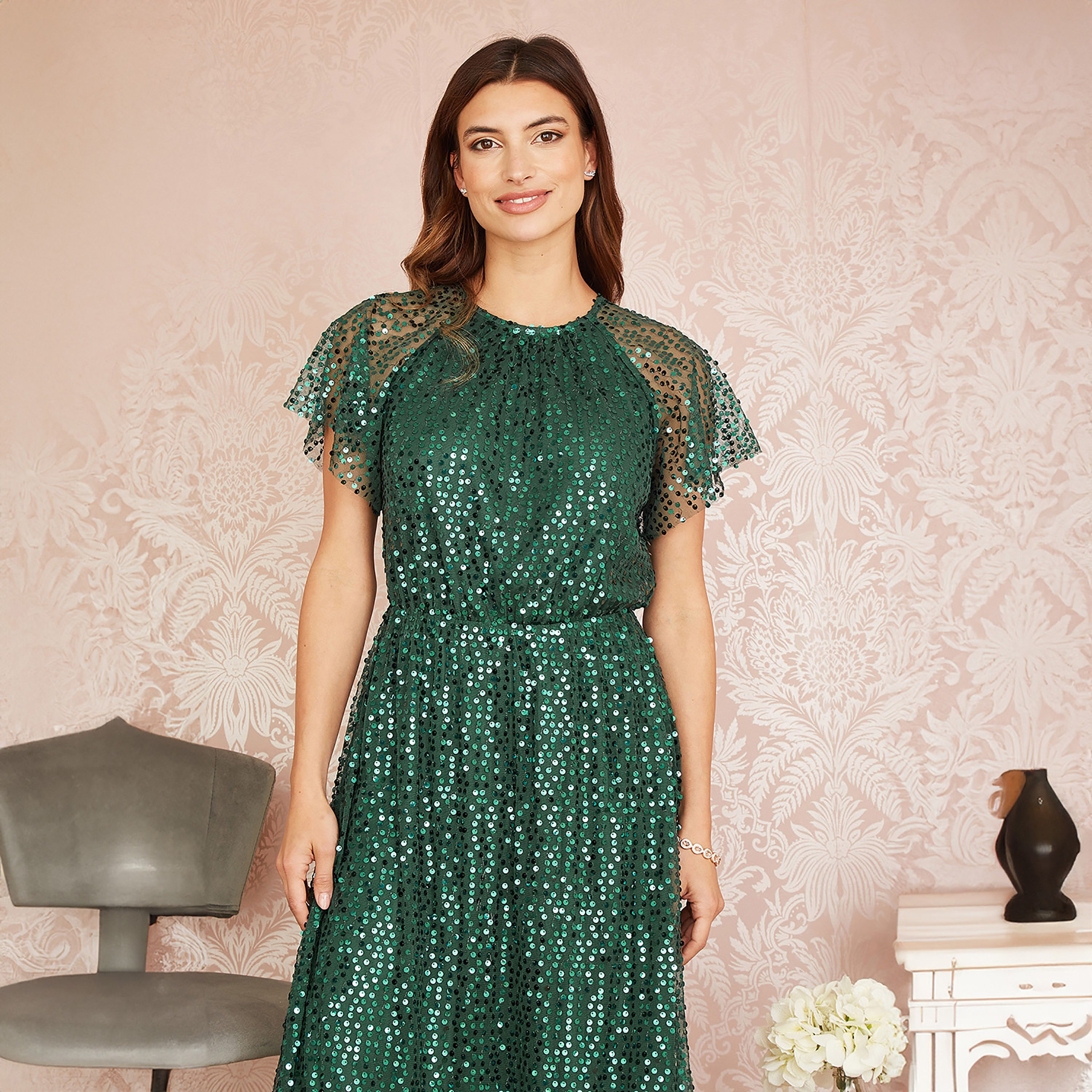 Yumi Green Sequin Angel Sleeve Evening Women's Midi Dress-women-clothing-dresses-image-4