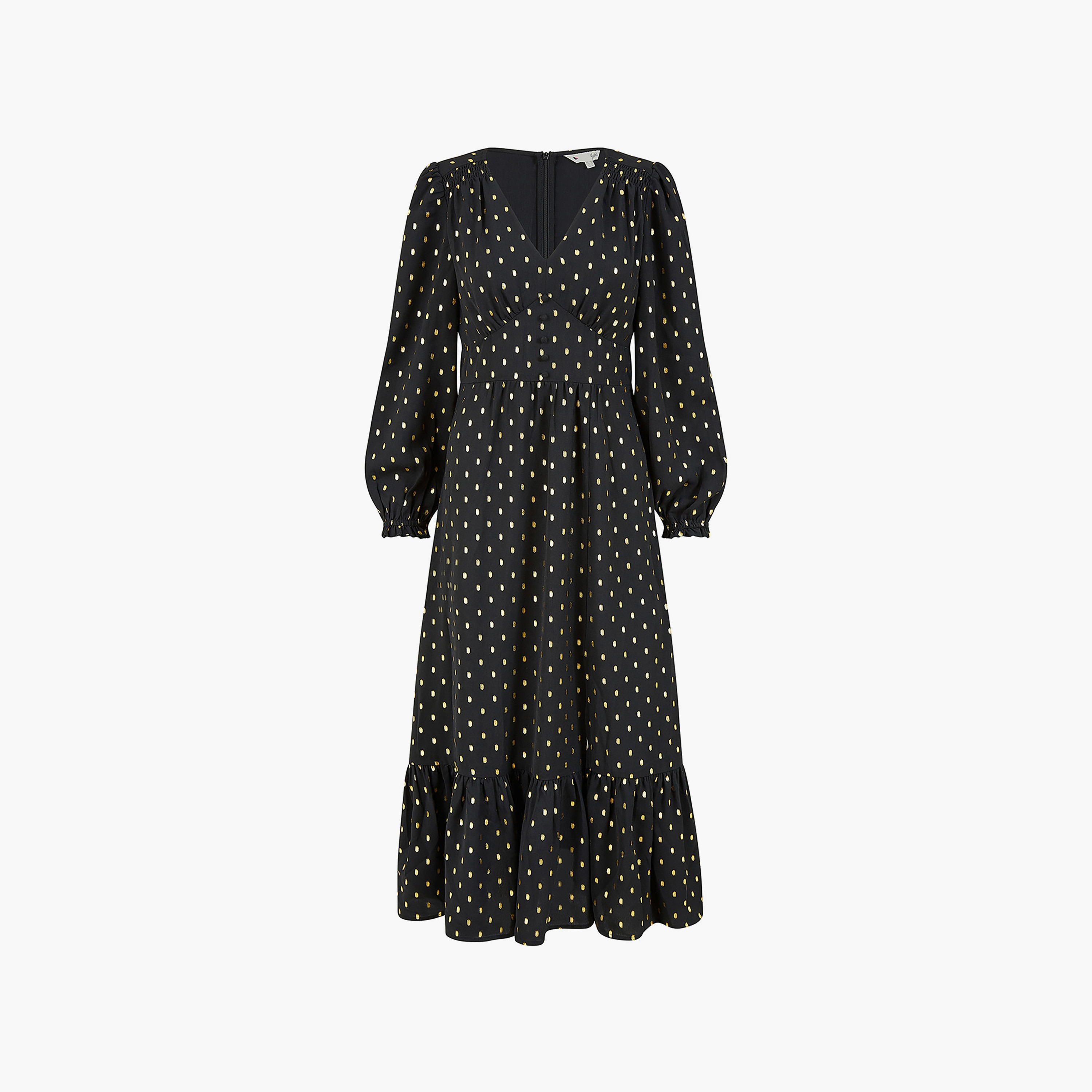 Yumi Black Foil Print Long Sleeve Evening Slit Women's Midi Dress-women-clothing-dresses-image-5