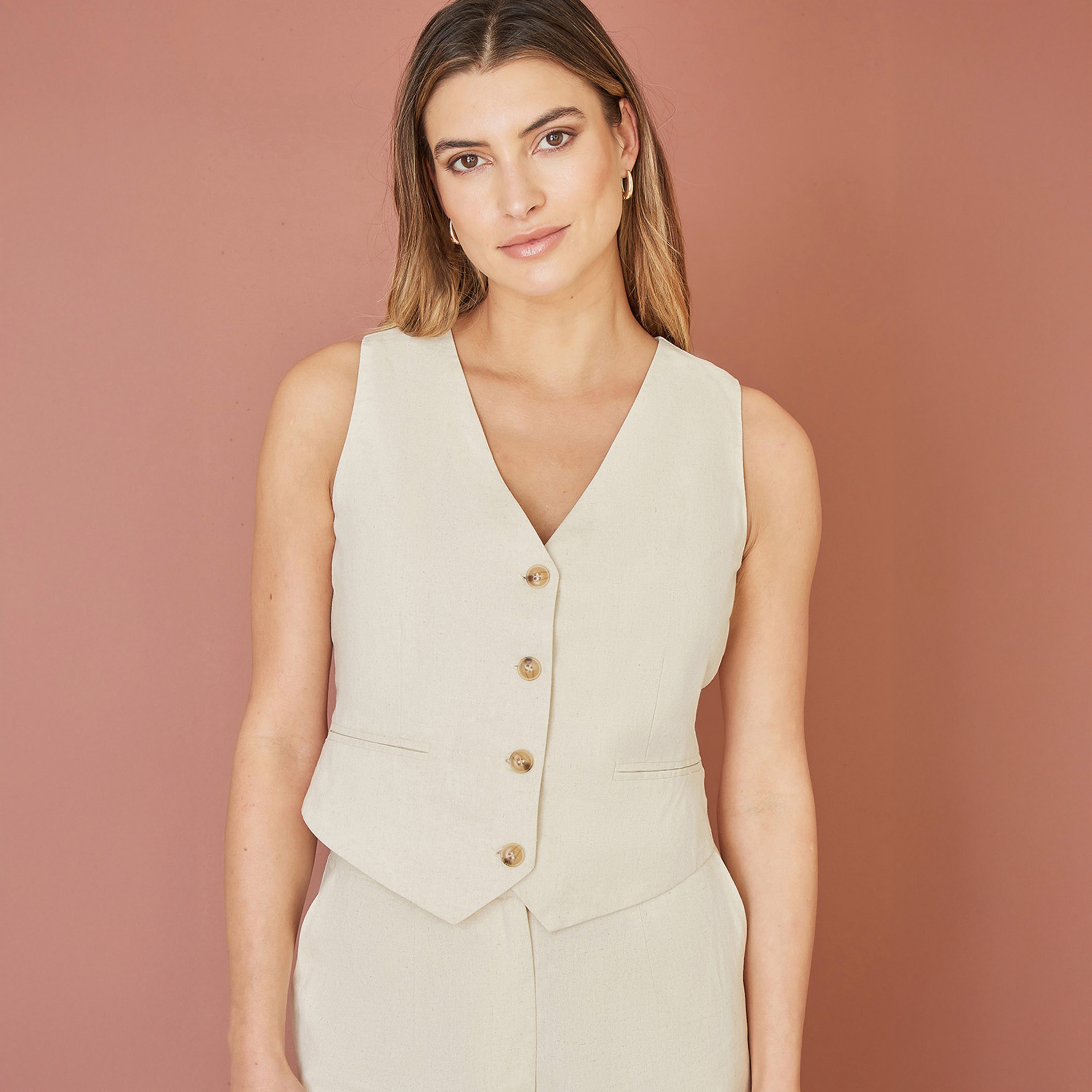 Yumi Beige Sustainable Cotton and Ramie Women's Waistcoat Vest-women-clothing-coatsandjackets-waistcoats-image-1