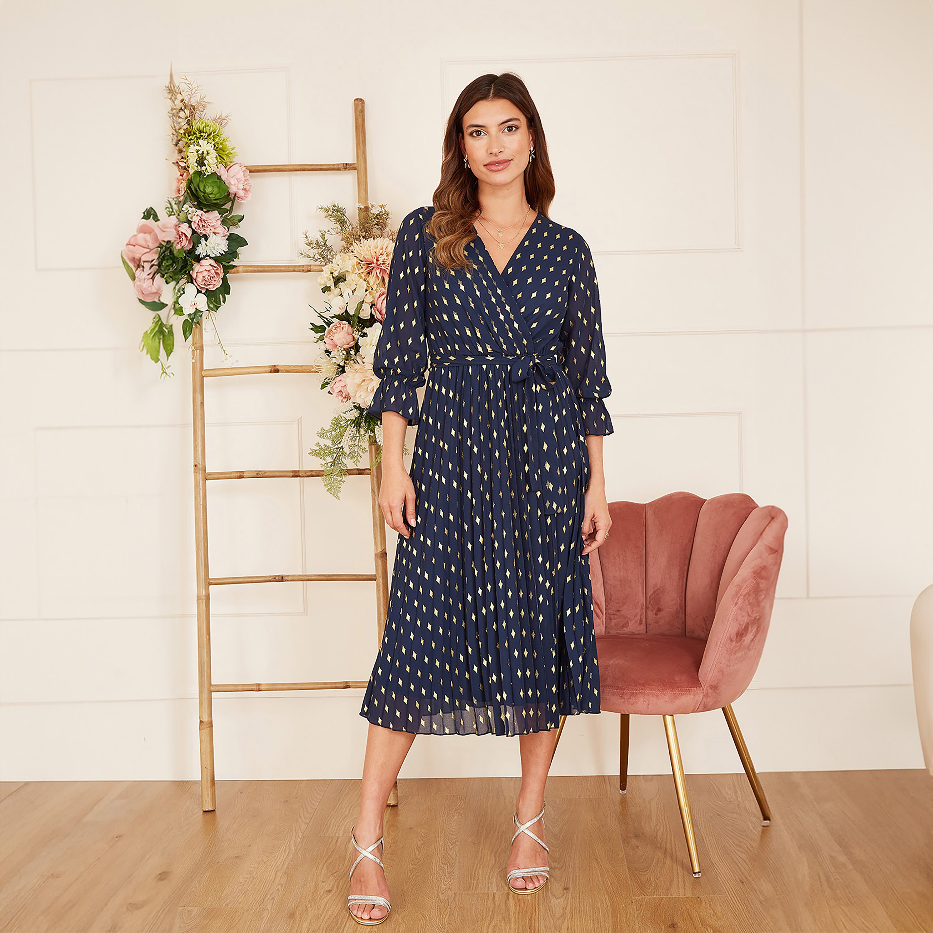 فستان ميدي نسائي بطبعة فويل ملفوف مطوي من يامي-women-clothing-dresses-image-1