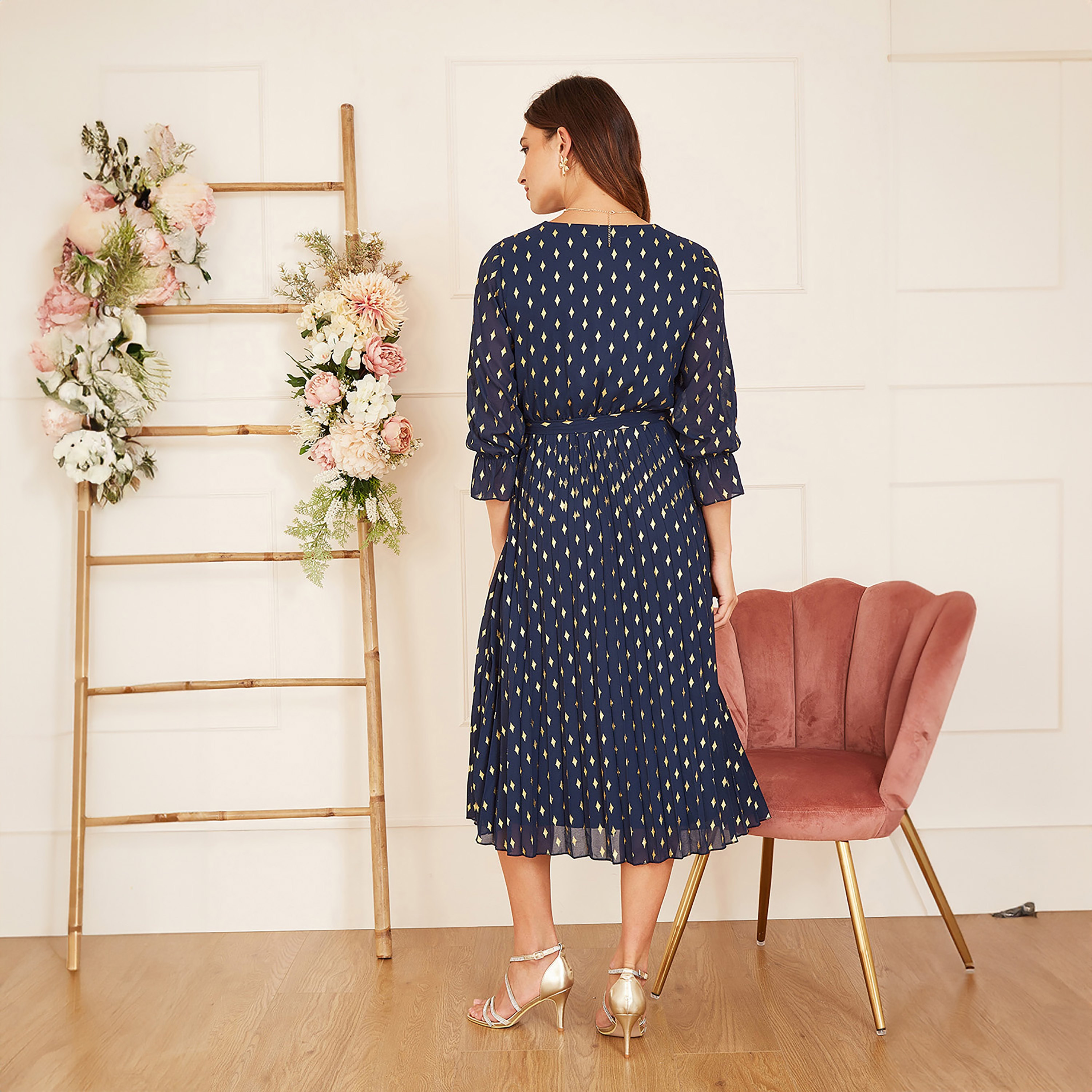 فستان ميدي نسائي بطبعة فويل ملفوف مطوي من يامي-women-clothing-dresses-image-2