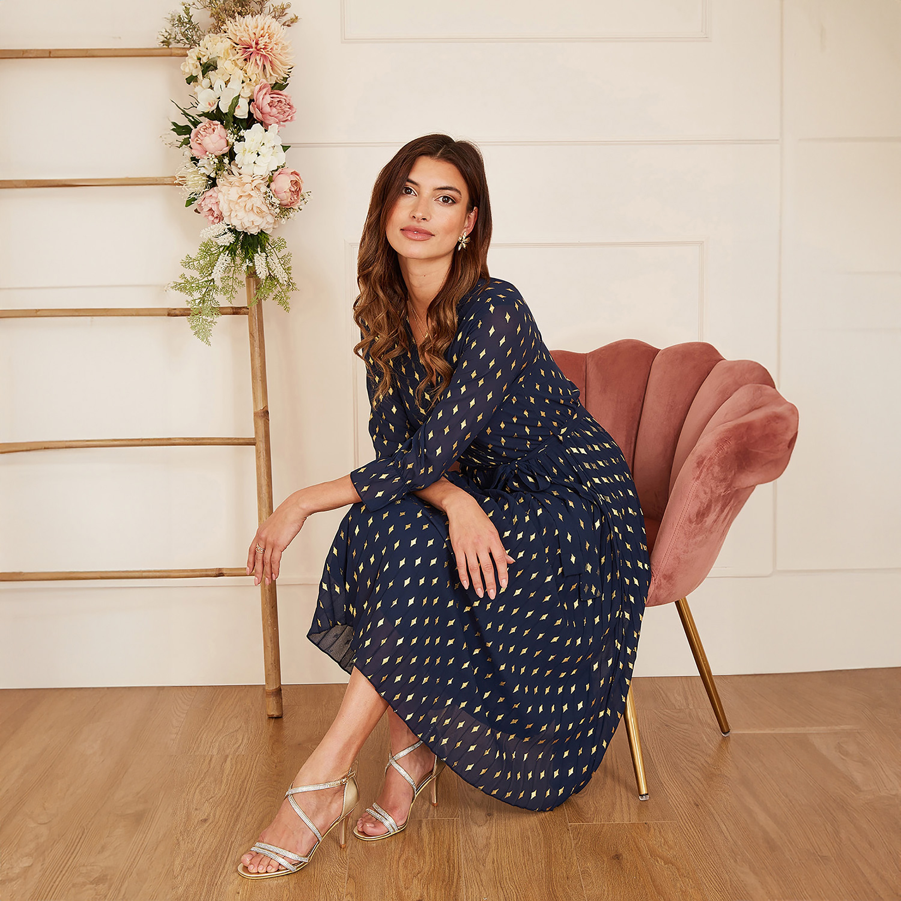 فستان ميدي نسائي بطبعة فويل ملفوف مطوي من يامي-women-clothing-dresses-image-3