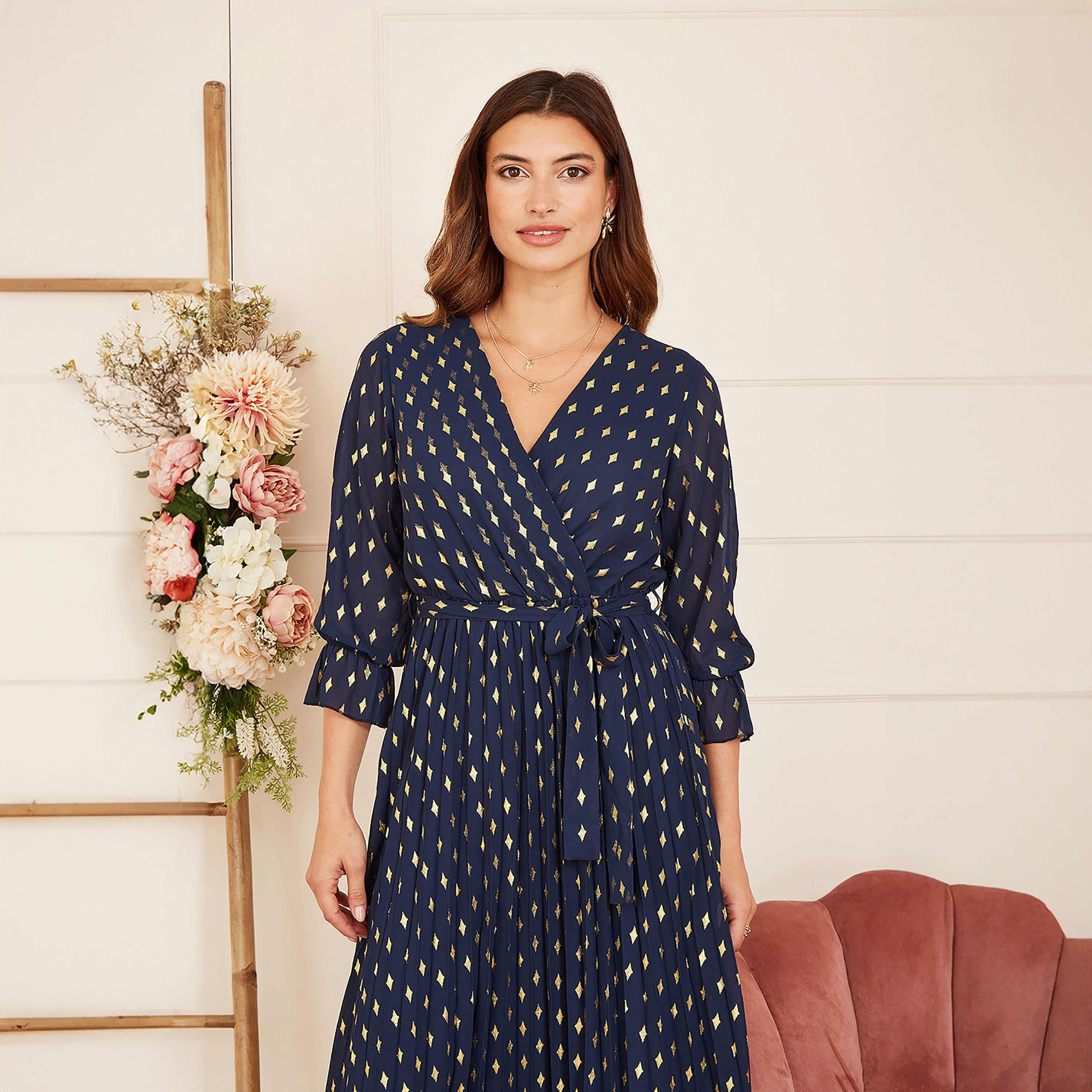 فستان ميدي نسائي بطبعة فويل ملفوف مطوي من يامي-women-clothing-dresses-image-5