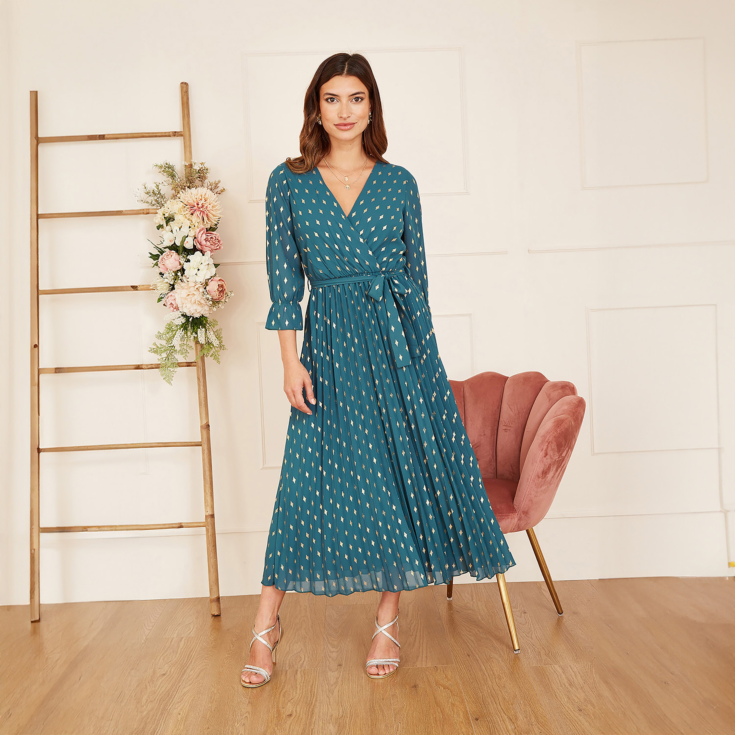 فستان ميدي نسائي بطبعة فويل ملفوف مطوي من يامي-women-clothing-dresses-image-7