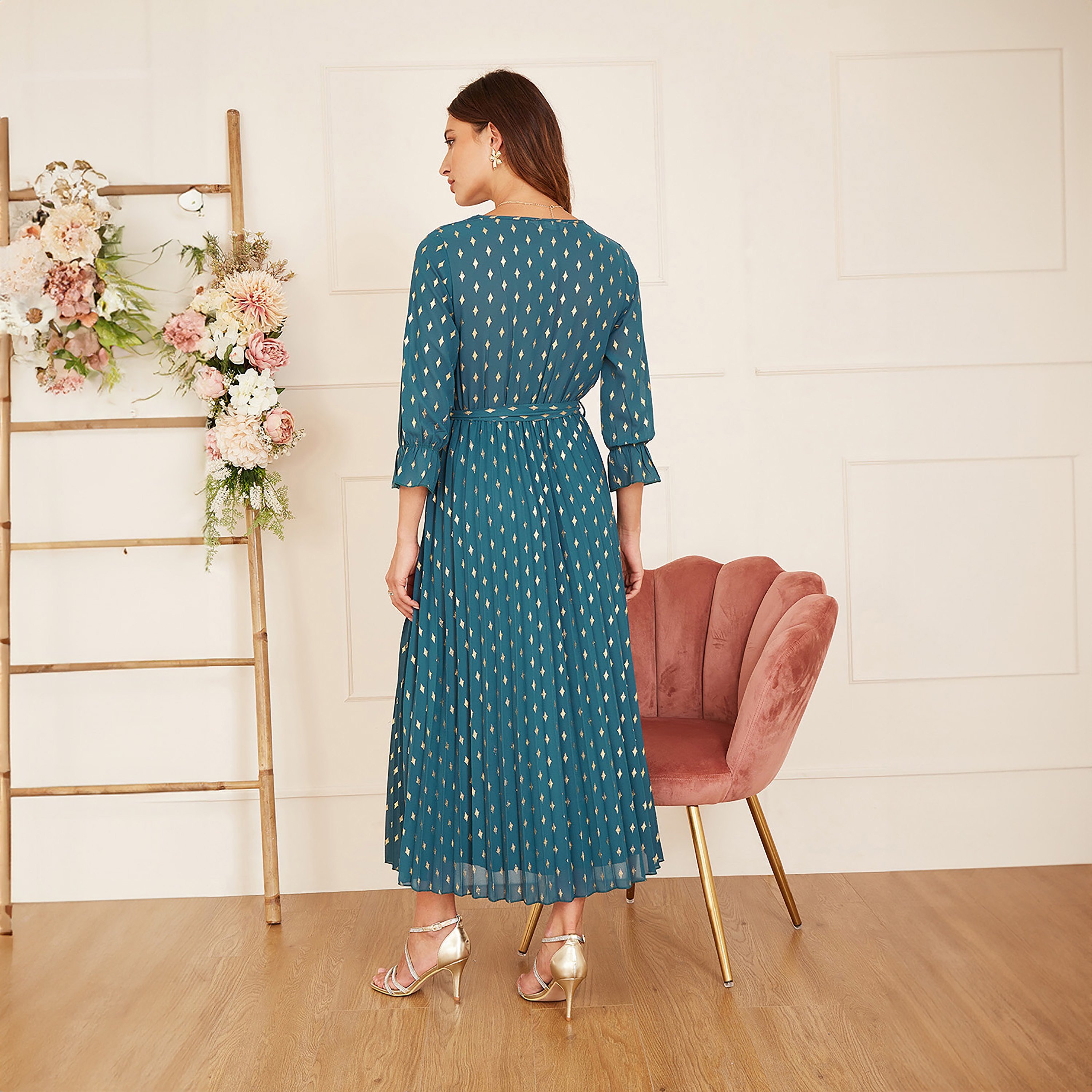 فستان ميدي نسائي بطبعة فويل ملفوف مطوي من يامي-women-clothing-dresses-image-8