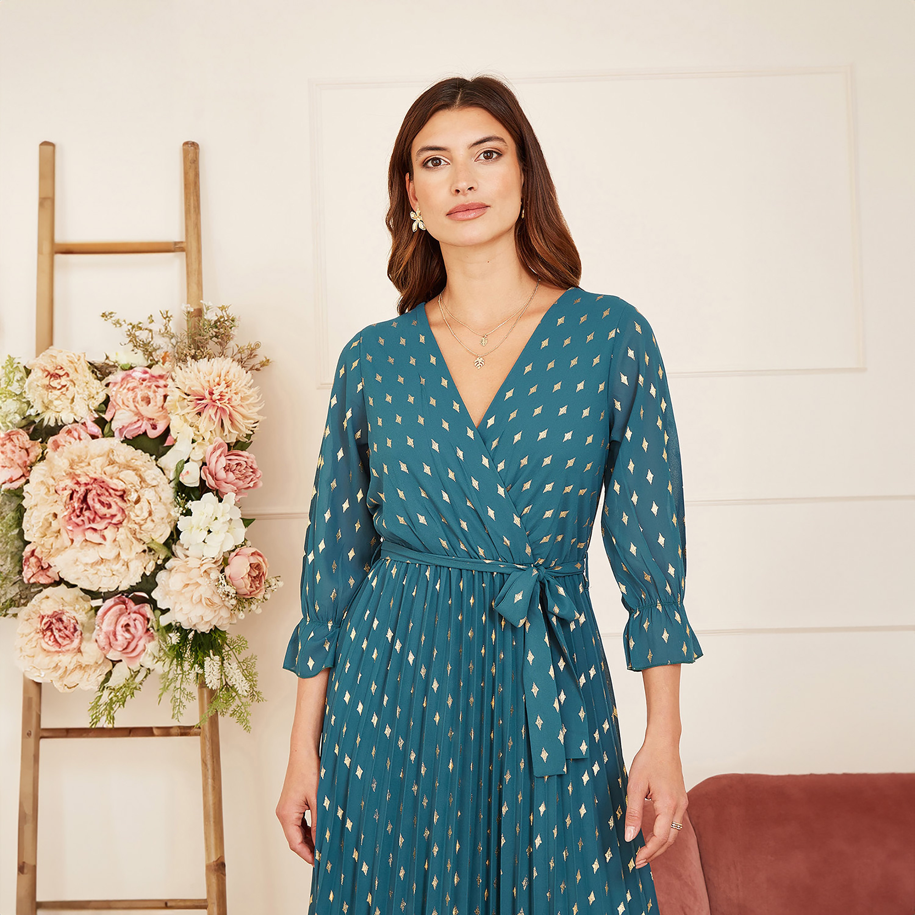 فستان ميدي نسائي بطبعة فويل ملفوف مطوي من يامي-women-clothing-dresses-image-10