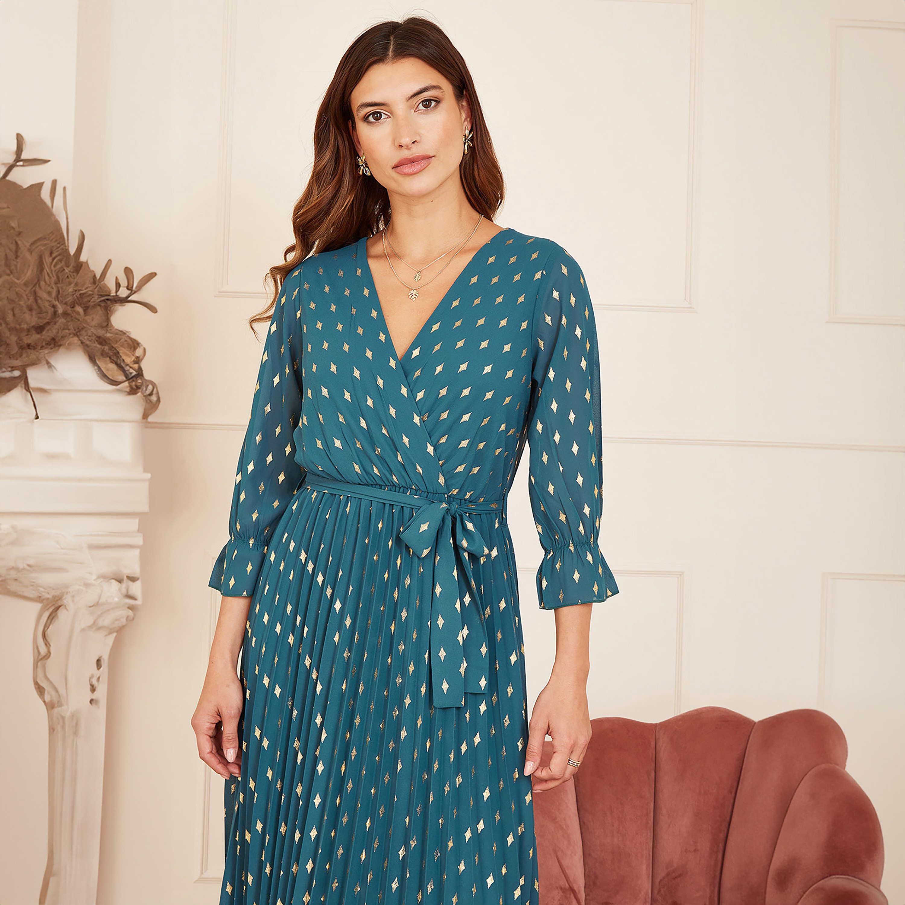 فستان ميدي نسائي بطبعة فويل ملفوف مطوي من يامي-women-clothing-dresses-image-11