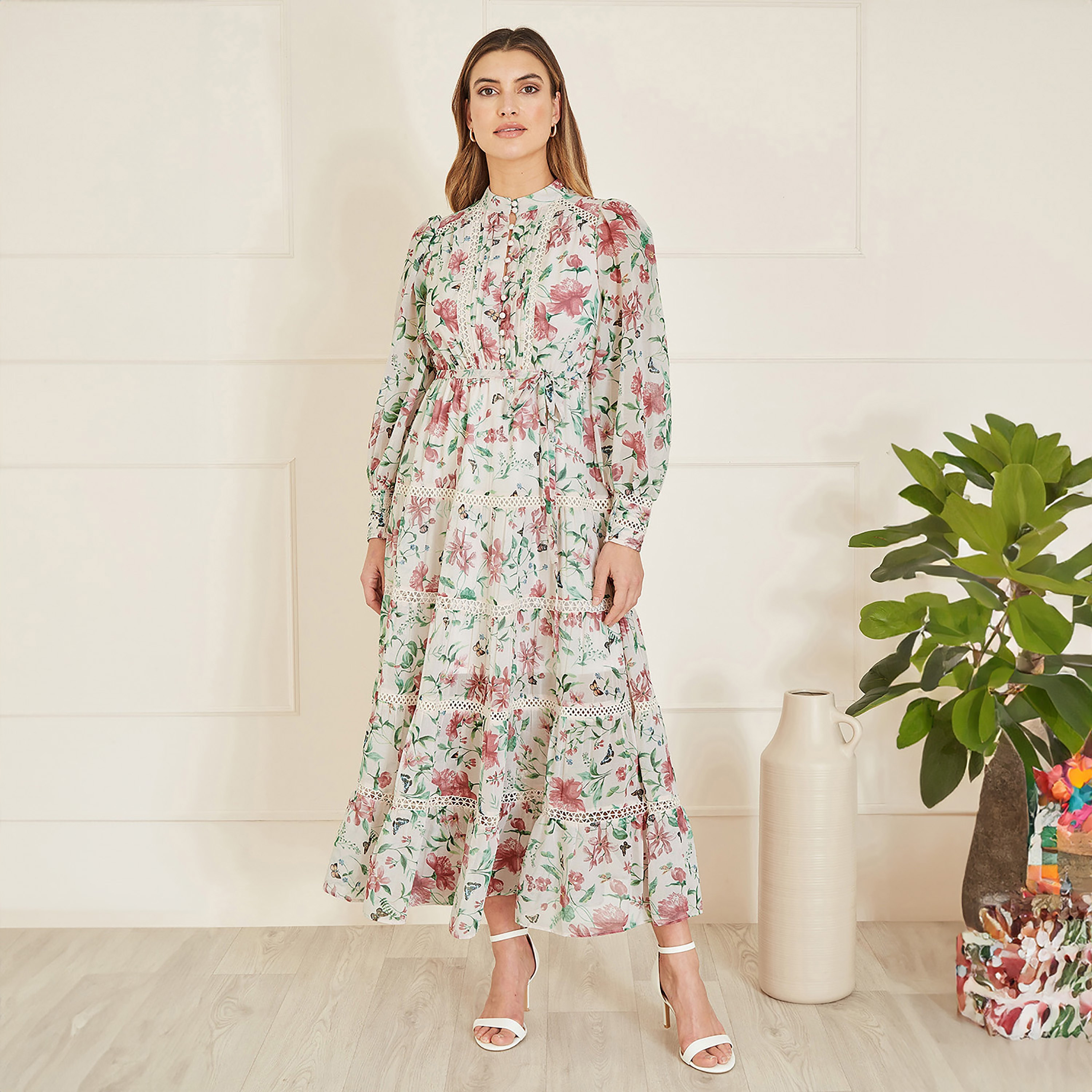 Yumi Ivory Butterfly Floral Tiered Long Sleeve High Neck Tiered Women's Maxi Dress with Lace Trim-women-clothing-dresses-image-1