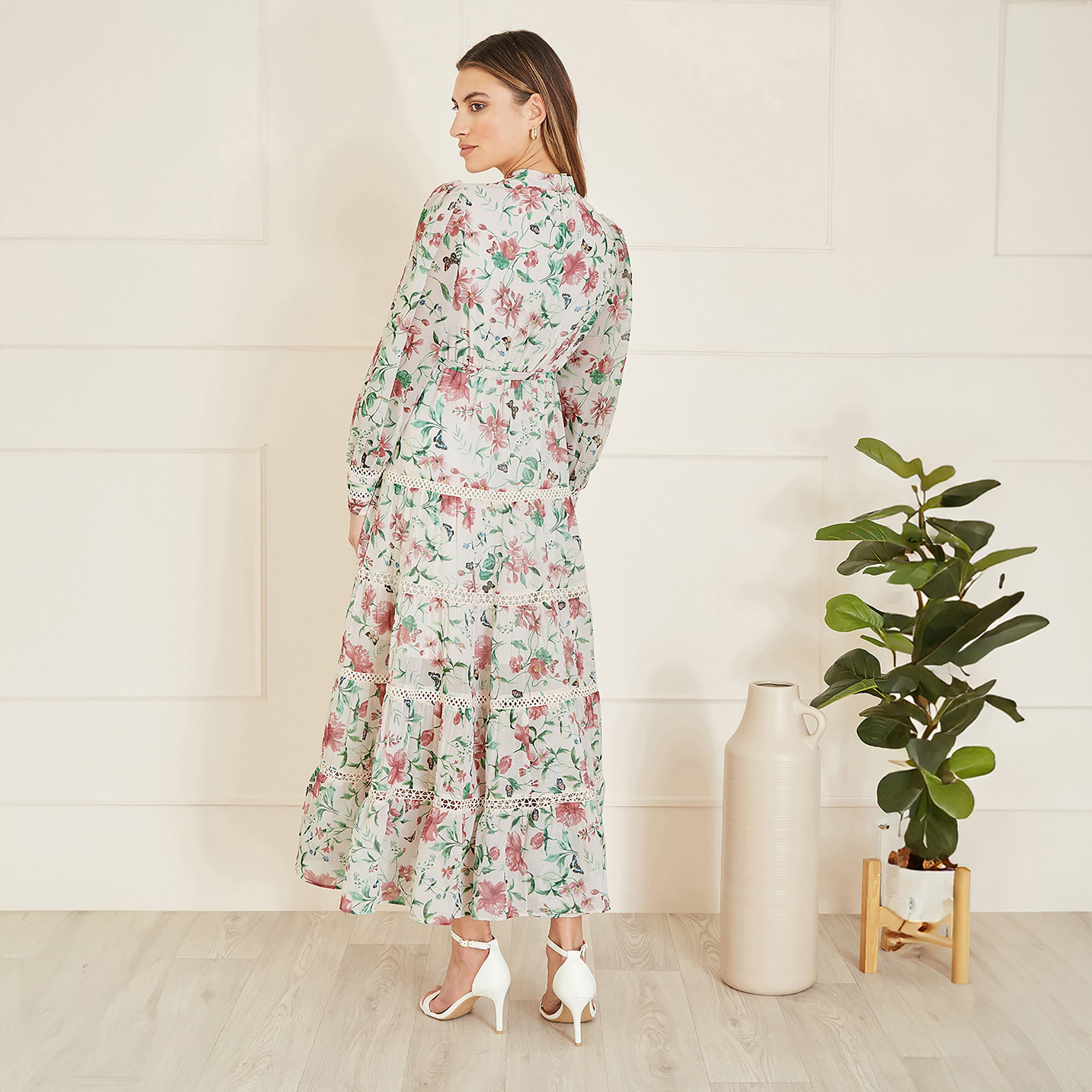 Yumi Ivory Butterfly Floral Tiered Long Sleeve High Neck Tiered Women's Maxi Dress with Lace Trim-women-clothing-dresses-image-2