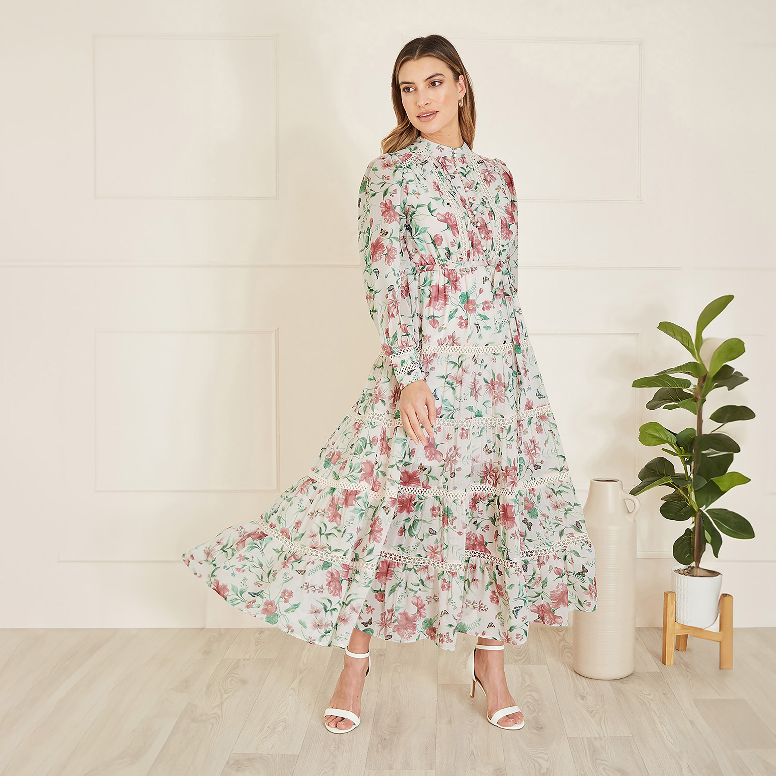 Yumi Ivory Butterfly Floral Tiered Long Sleeve High Neck Tiered Women's Maxi Dress with Lace Trim-women-clothing-dresses-image-3