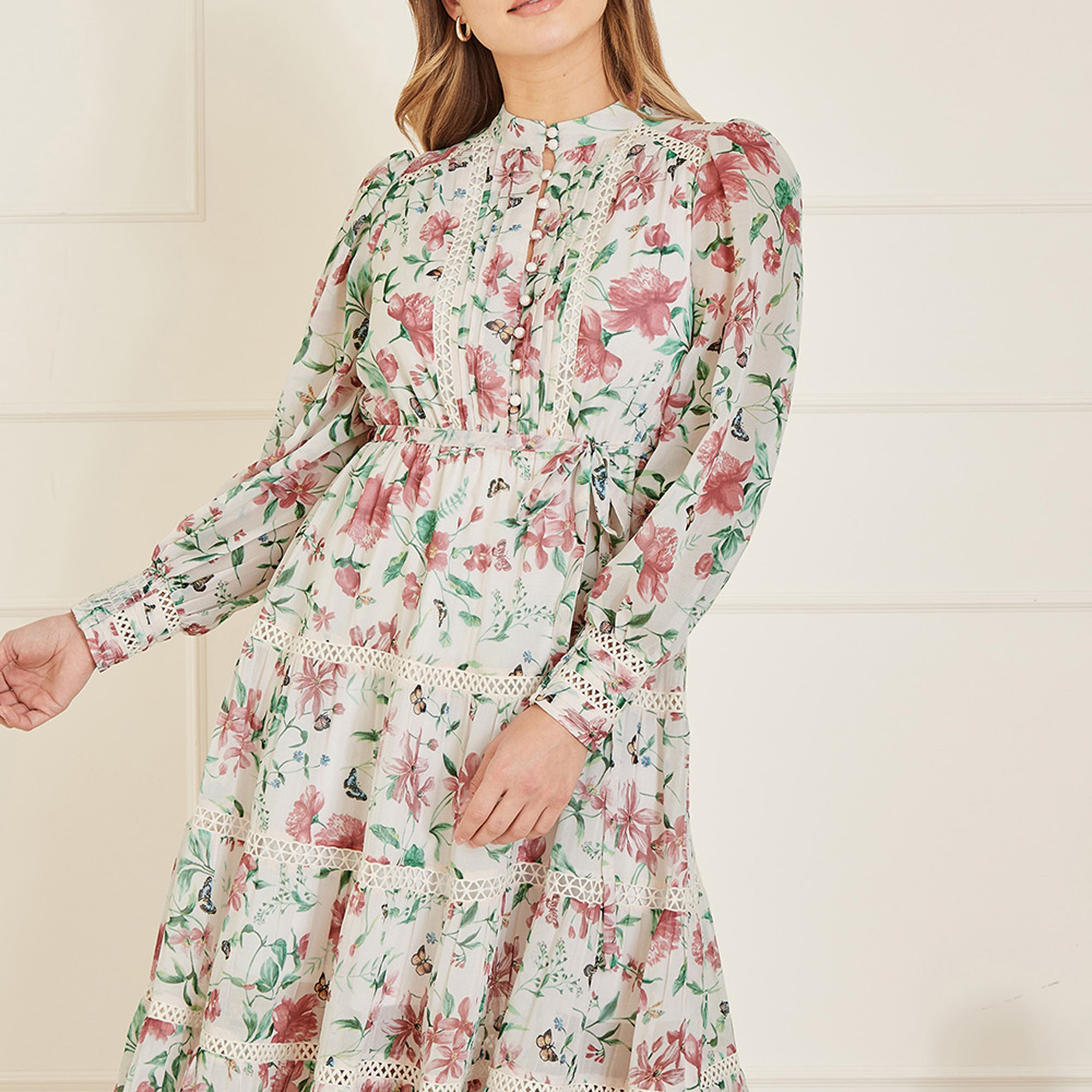 Yumi Ivory Butterfly Floral Tiered Long Sleeve High Neck Tiered Women's Maxi Dress with Lace Trim-women-clothing-dresses-image-5