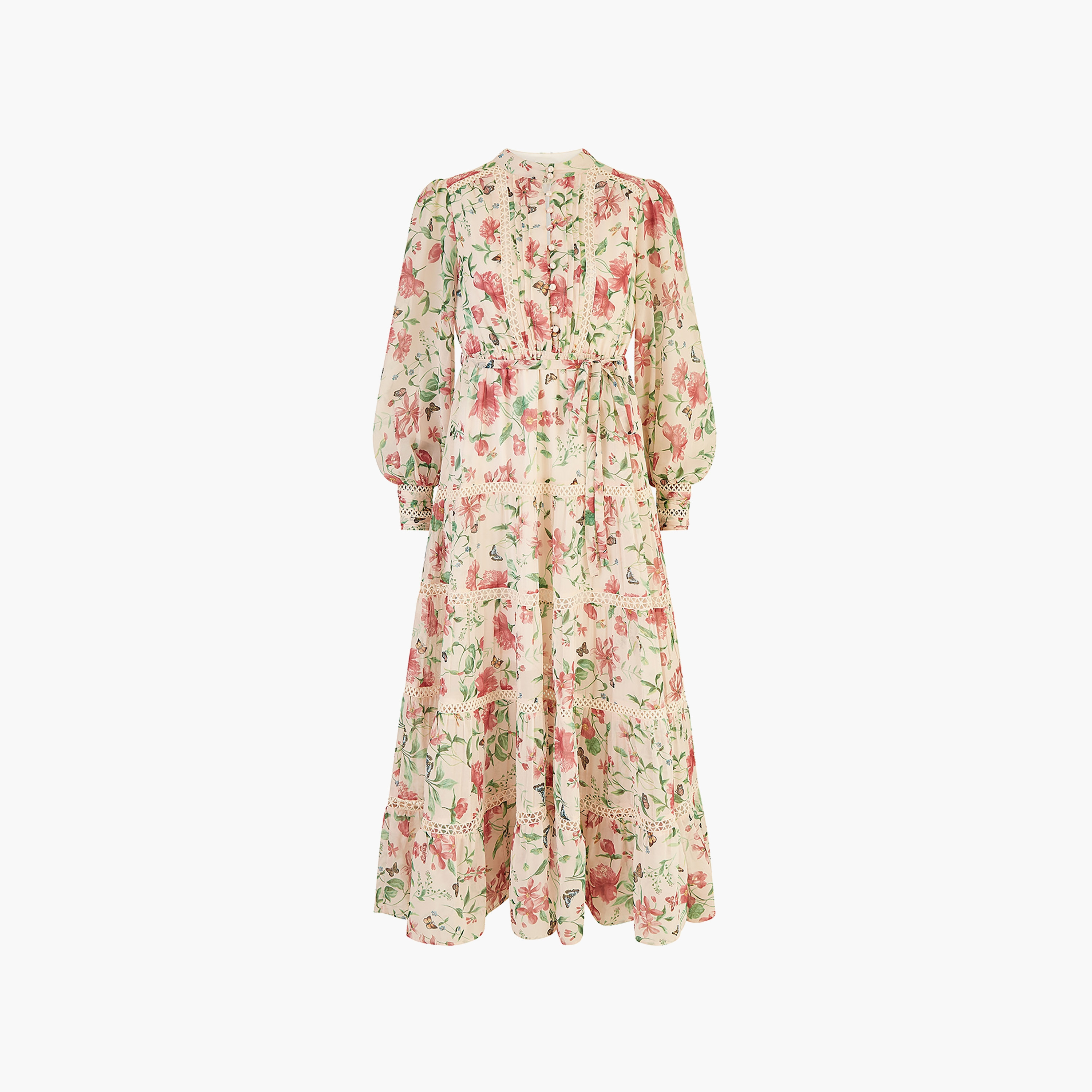 Yumi Ivory Butterfly Floral Tiered Long Sleeve High Neck Tiered Women's Maxi Dress with Lace Trim-women-clothing-dresses-image-6
