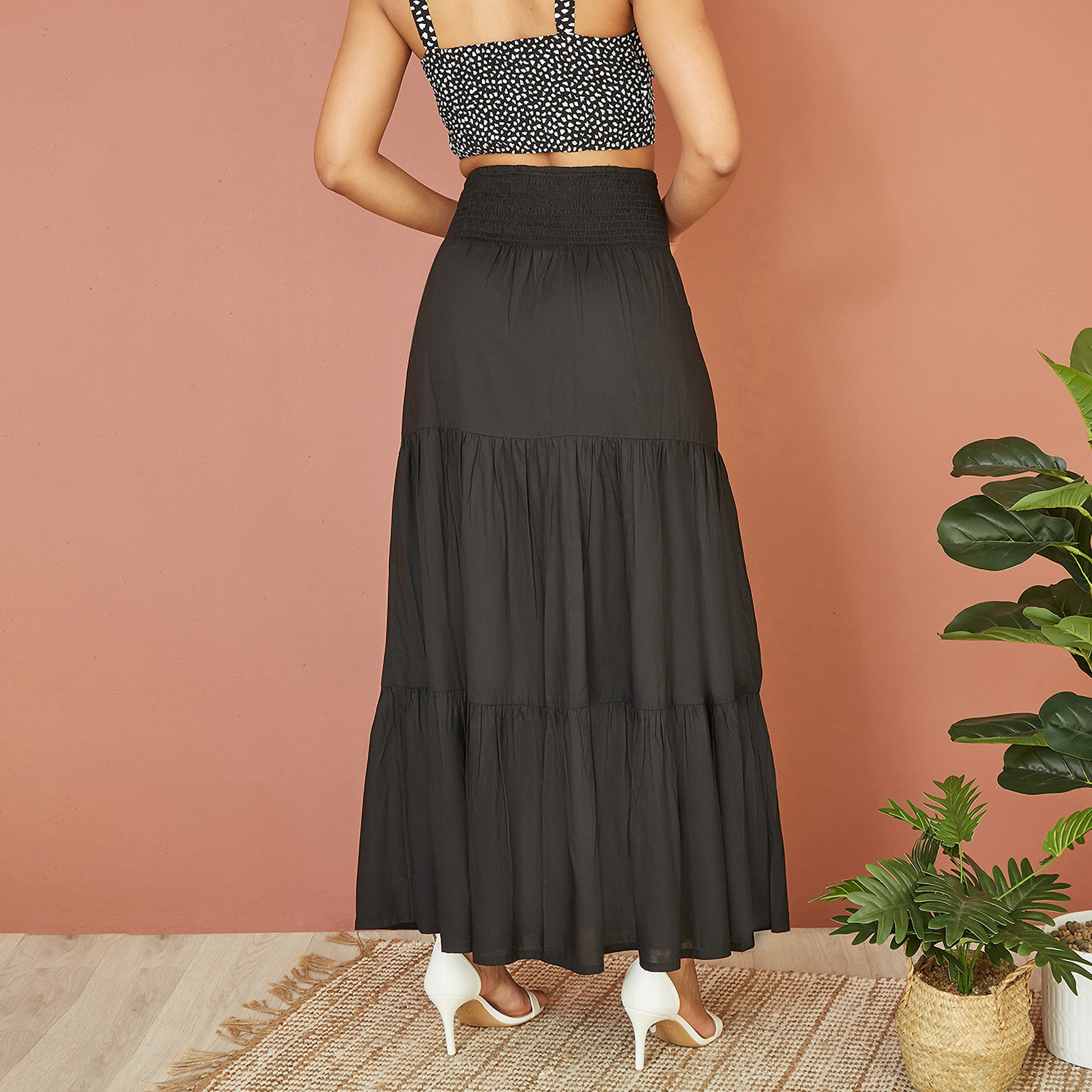 تنورة ماكسي نسائية متعددة الطبقات باللون الأسود بخصر مجعد من يامي-women-clothing-bottoms-skirts-image-3