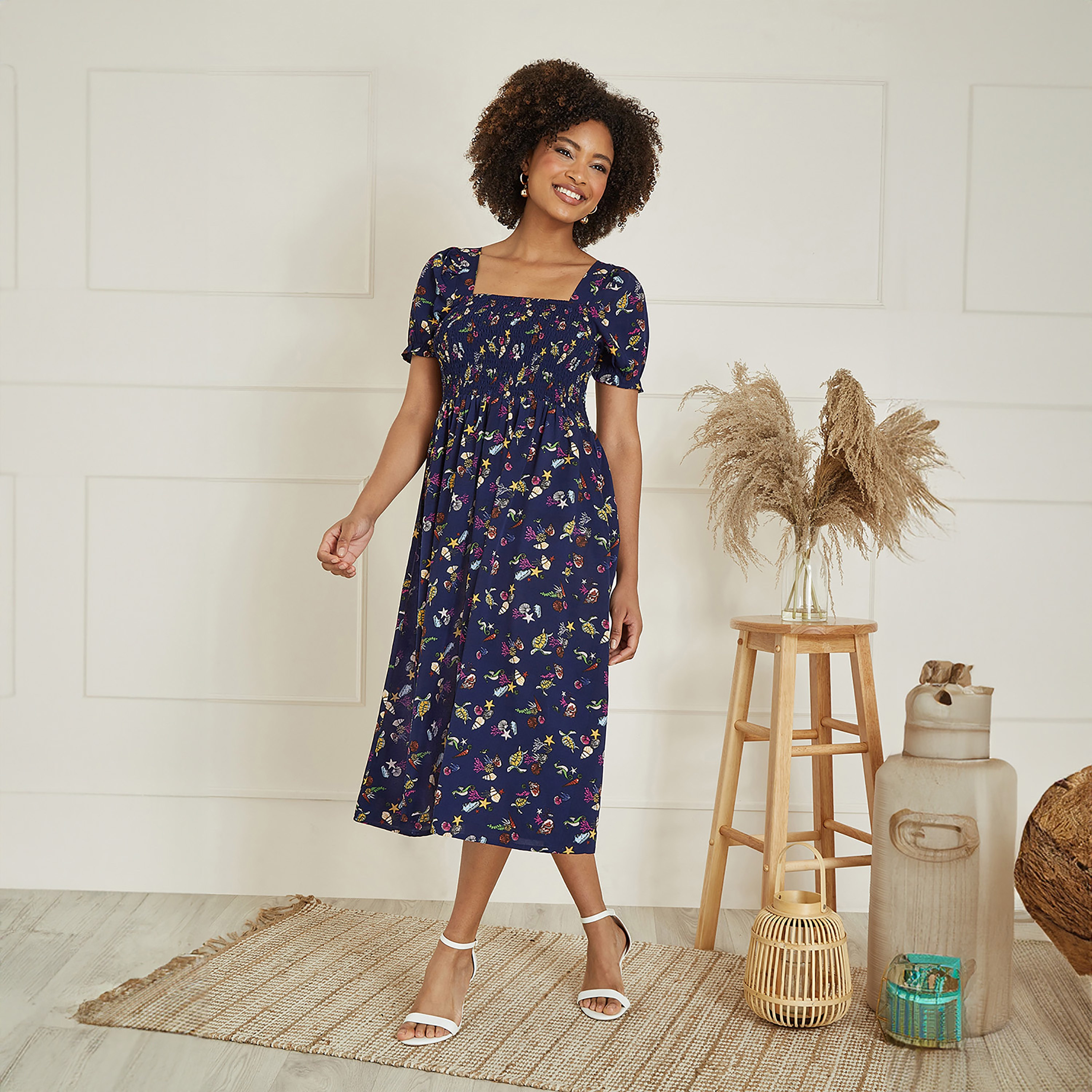 فستان نسائي متوسط الطول ازرق داكن من القماش المعاد تدويره سي لايف من يامي-women-clothing-dresses-image-1